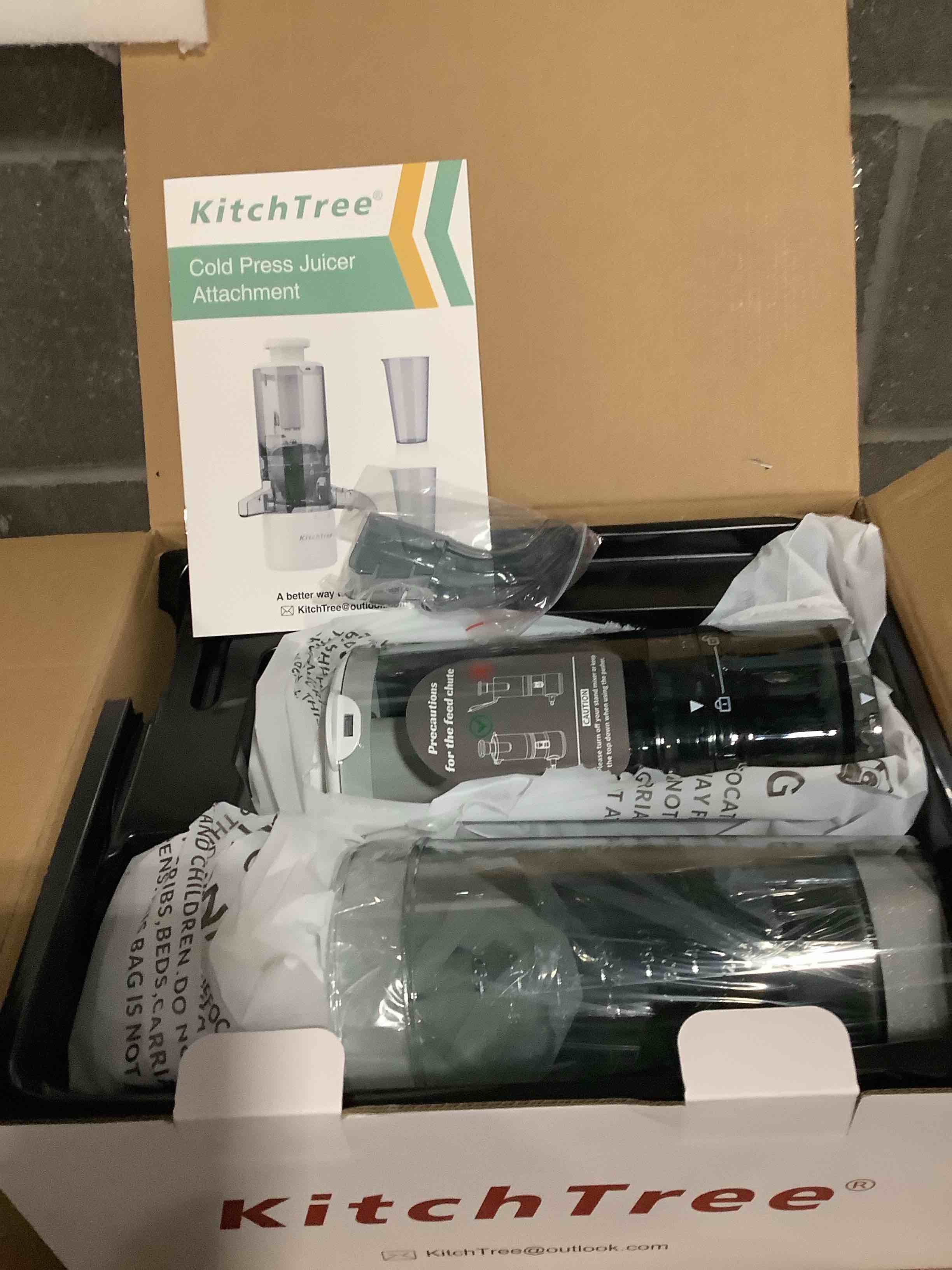 Condition photo showing New/Like New for Masticating Juicer Attachment for KitchenAid Stand Mixer, 4.2" Large Feed Chute Fit Whole Vegetables & Fruits, Slow Cold Press Juicing, Includes 2 * 28oz capacity cups Juicer Attachment Set 4.2inch