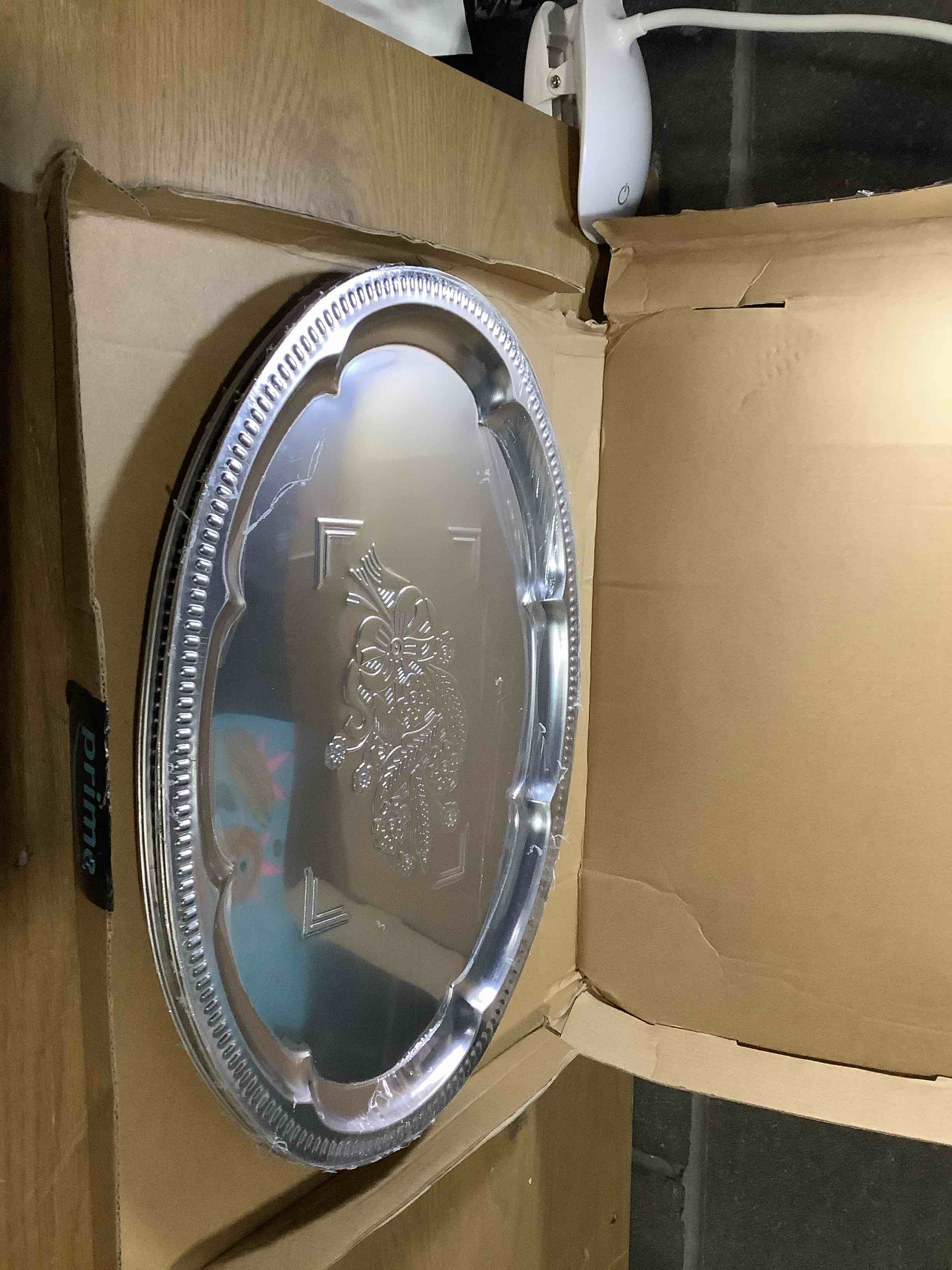 Condition photo showing Good Condition for 5-Pack Large Serving Tray 15.7"x11.8", Stainless Steel Decorative Platter with Raised Rim, Vintage Mirror Finish, Stackable Serveware for Parties, Weddings, and Home Display