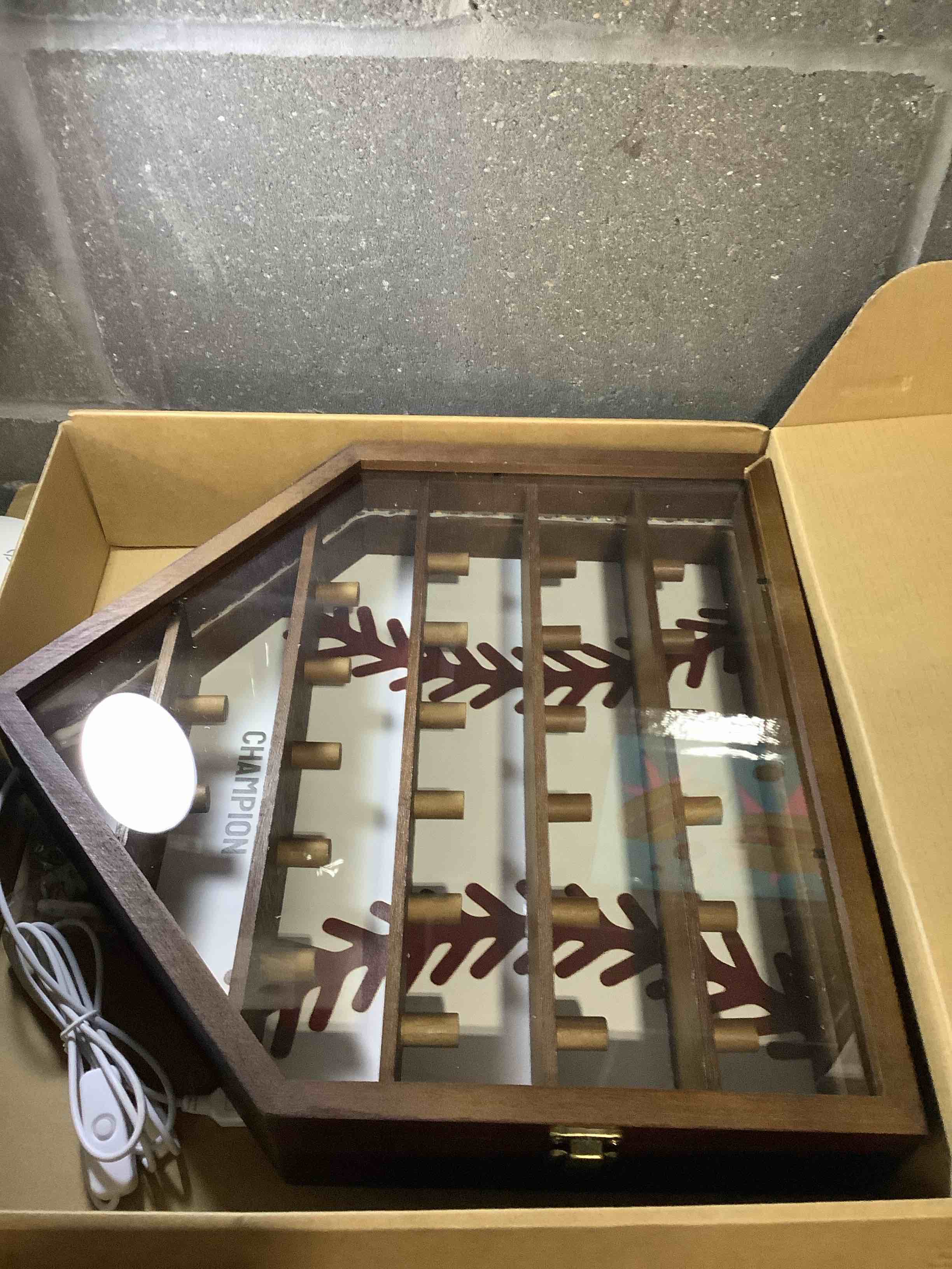 Condition photo showing Good Condition for Championship Ring Display Case Display 25pcs Rings,Baseball Ring Display Case with LED Light,Wall Mount Wooden Shadow Box for Multiple Ring