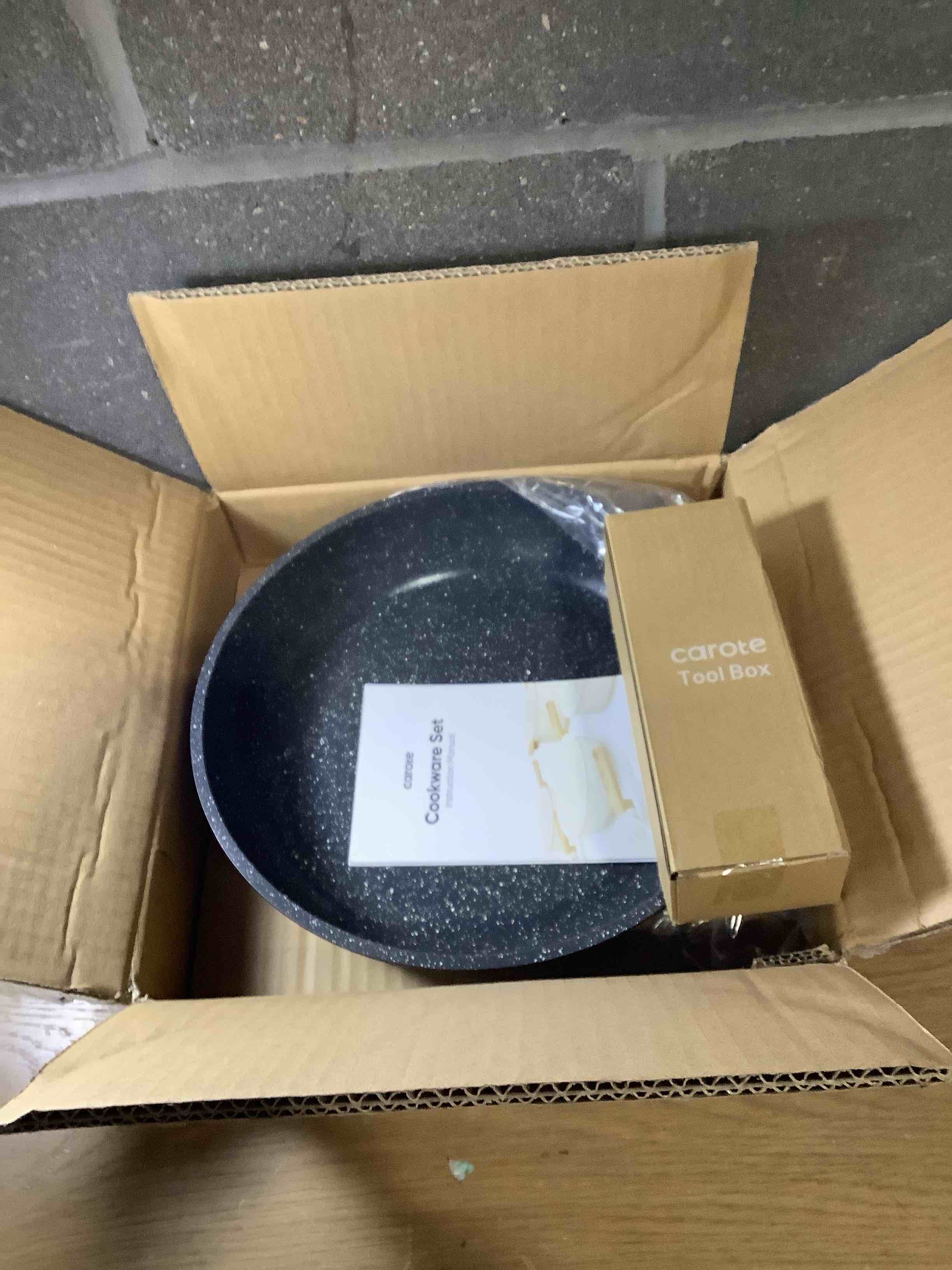 Condition photo showing New/Like New for CAROTE Non Stick Frying Pan Skillet, Omelet Pan, Healthy Non Toxic Granite Chef Pan, Induction Compatible Egg Frying Pan with Heat-Resistant Handle, PFOA-Free,Black, 12" Black 12"