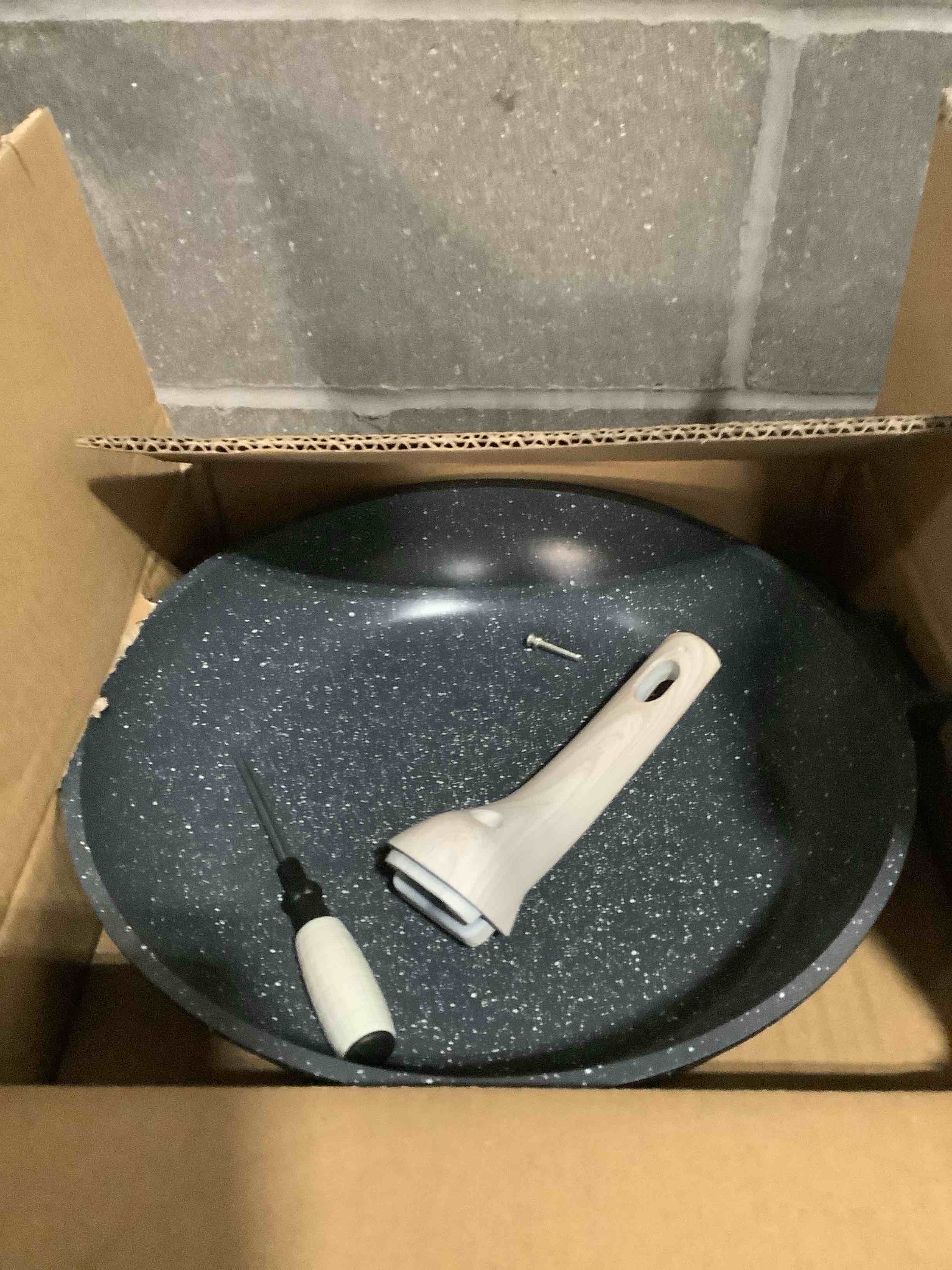 Condition photo showing Good Condition for CAROTE Non Stick Frying Pan Skillet, Omelet Pan, Healthy Non Toxic Granite Chef Pan, Induction Compatible Egg Frying Pan with Heat-Resistant Handle, PFOA-Free,Black, 12" Black 12"