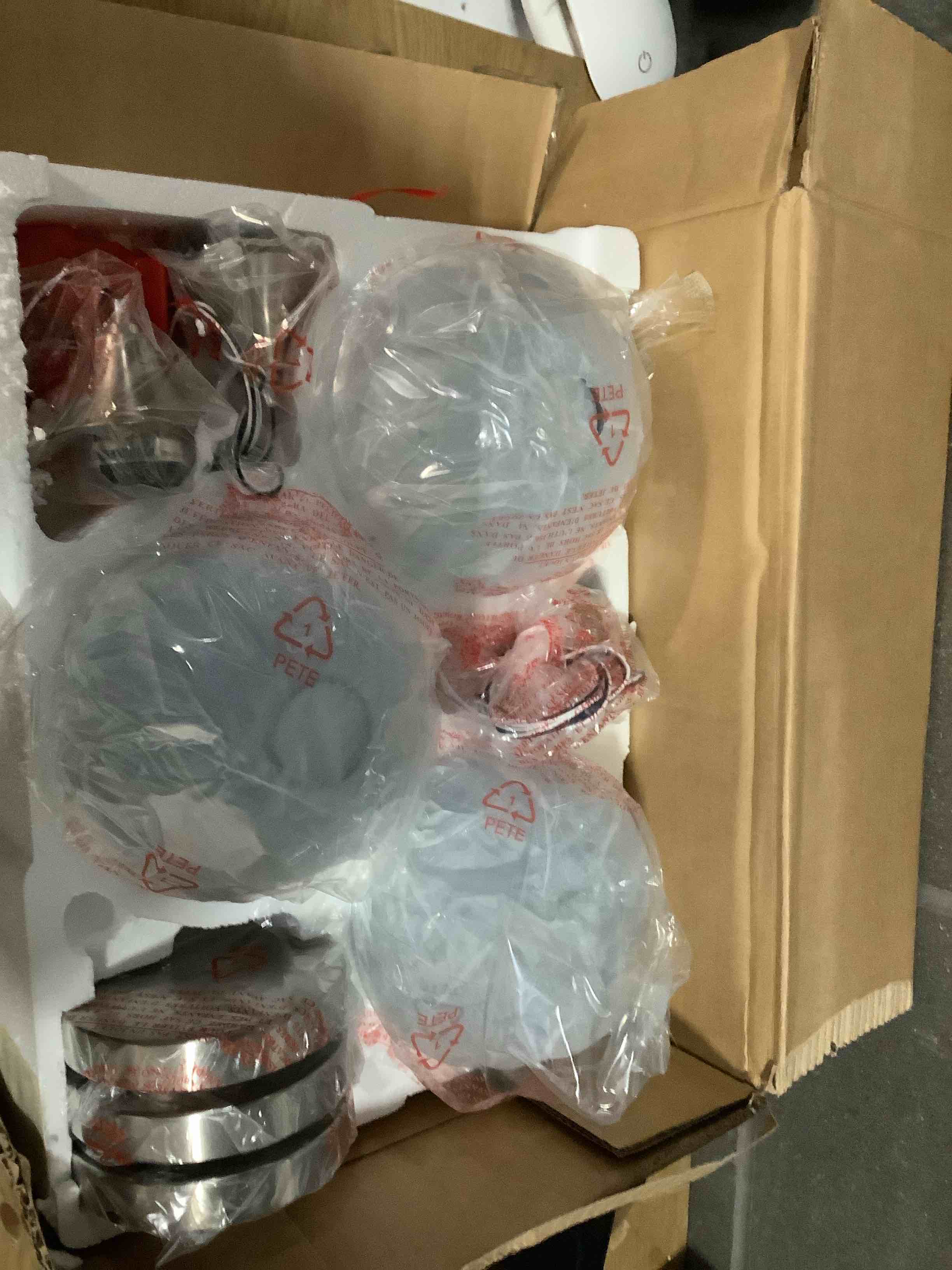 Condition photo showing New/Like New for 3 Pack 1 Light Hanging Indoor Kitchen Island Pendant Light 6.3" Clear Stripe Blue Glass Pendant Ceiling Light Fixtures Brushed Nickel Finish,Modern Farmhouse Dinning Over Sink