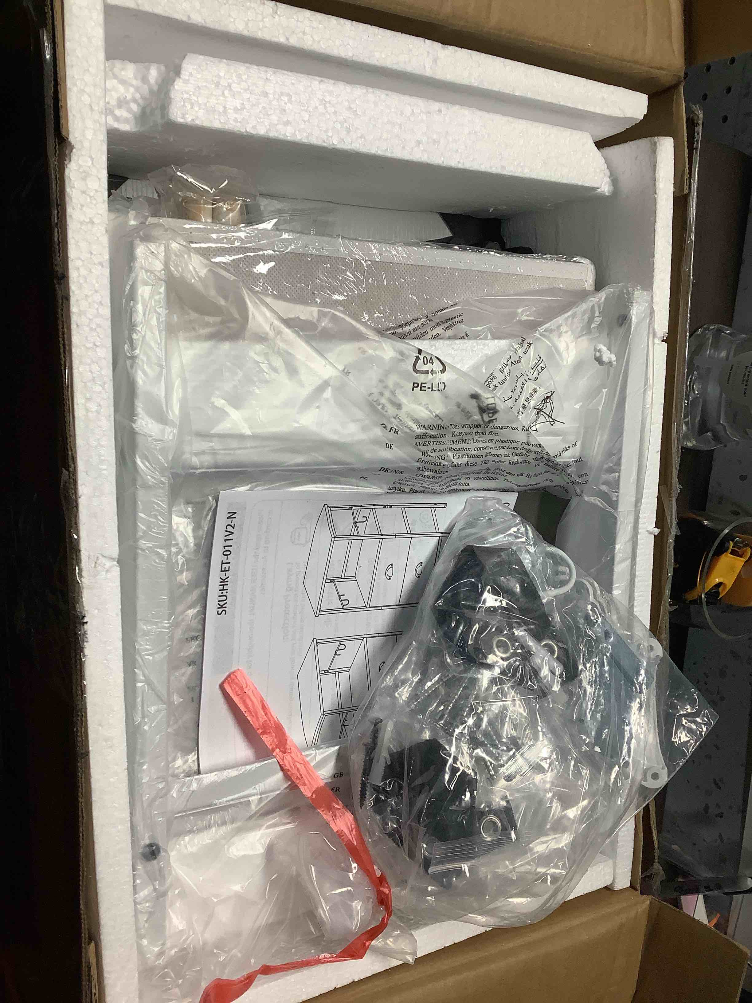 Condition photo showing As Is for Furologee Nightstands Set of 2, End Table with 2 Fabric Drawers, Night Stand with 2 Hooks, Open Wood Shelf Bedside Table for Bedroom/Living Room/White White 2 pc