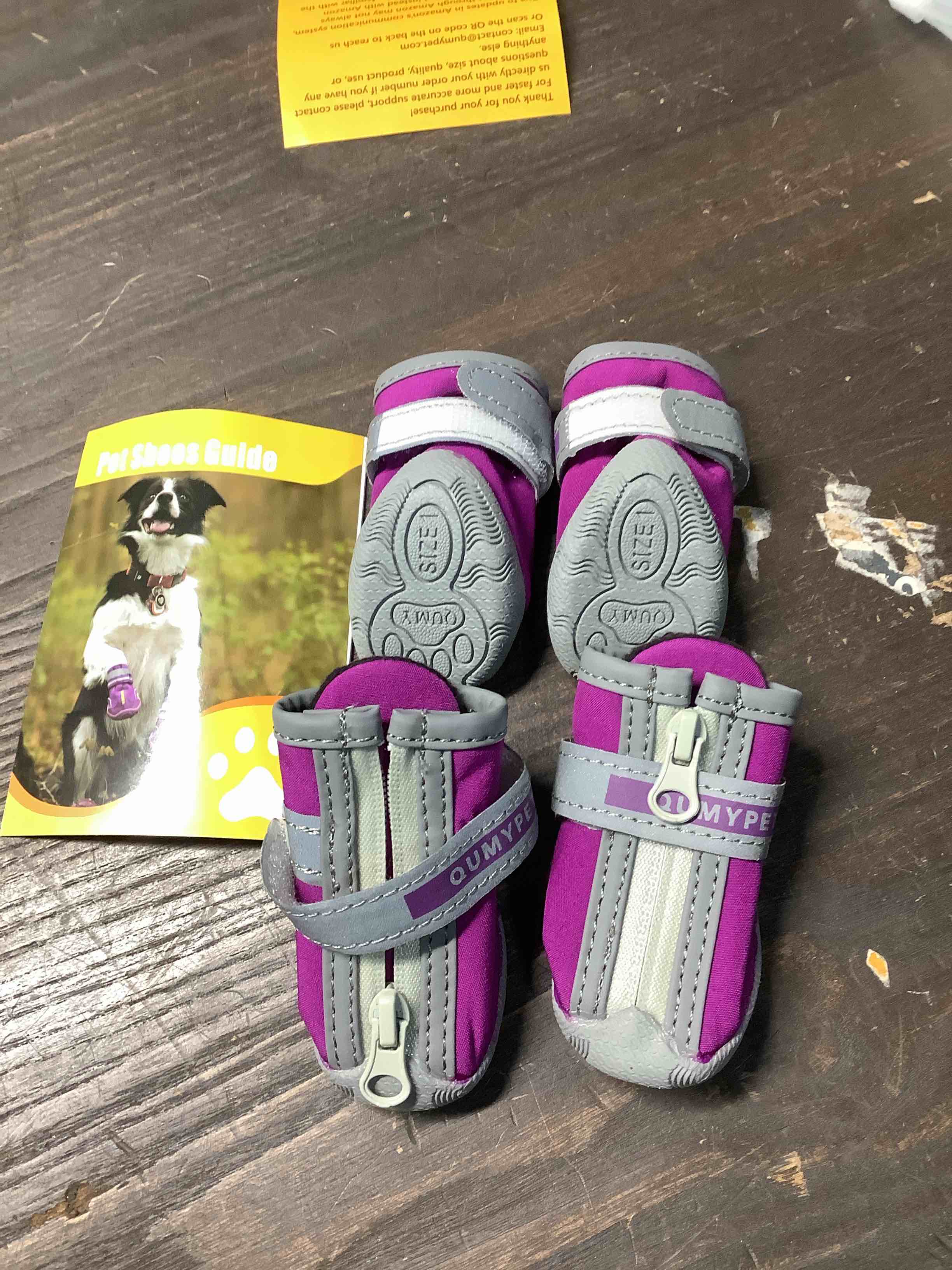Condition photo showing New/Like New for QUMY Dog Shoes for Small Dogs, Puppy Dog Boots & Paw Protector for Winter Snow Day, Summer Hot Pavement, Waterproof in Rain Weather, Ourdoor Hiking, Indoor Hardfloors Skid-resistant Sole Purple Size 1 Purple size 1: 1.29"x0.98"(L*W)