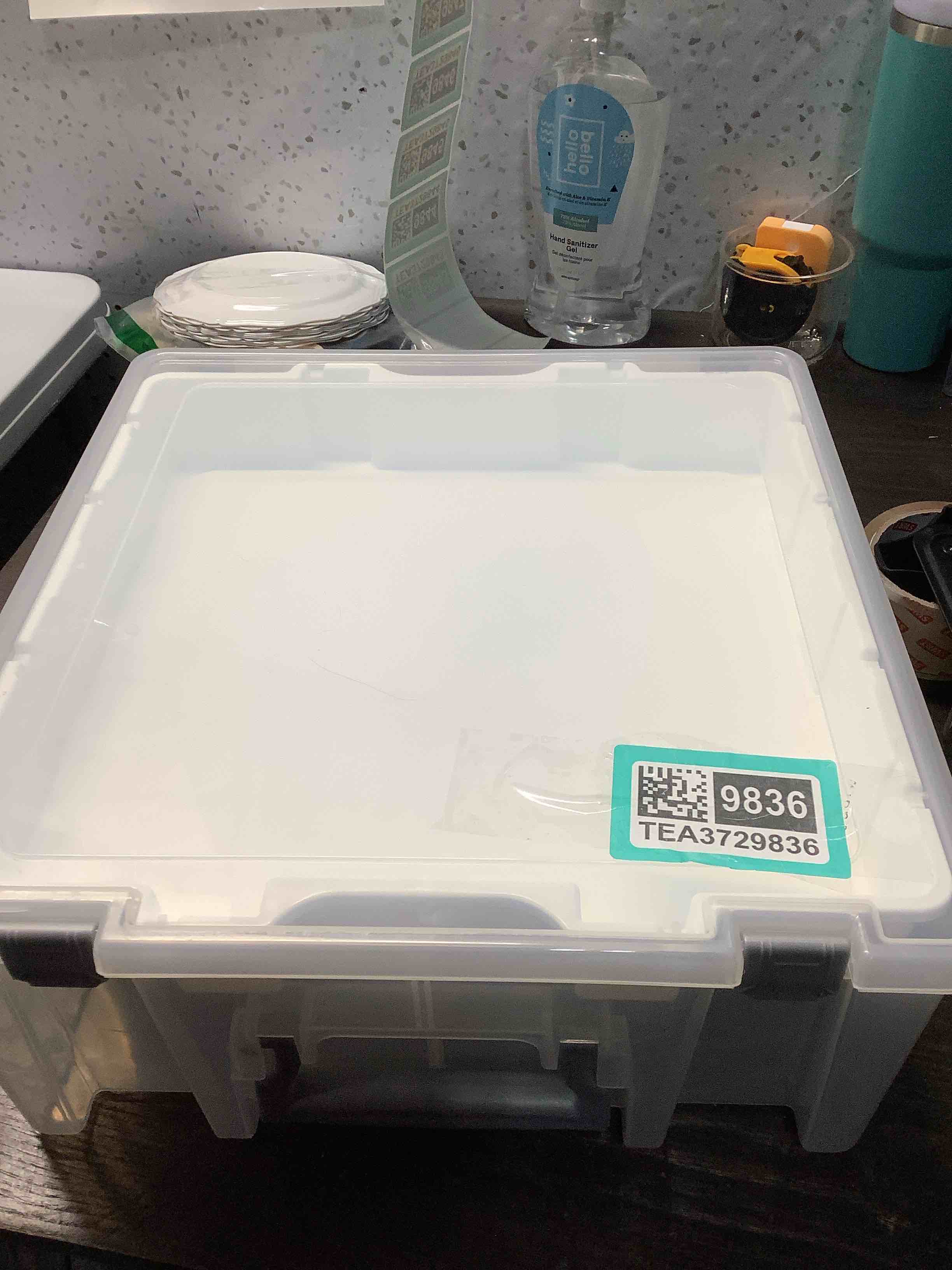 Condition photo showing As Is for Best Kept Super Satchel Double Deep with Lift-Out Tray and Removable Dividers, Stackable Home Storage Organization Container, Clear with Sliver Latches and Handle Lift-Out Tray & 8 Lower Removable Dividers