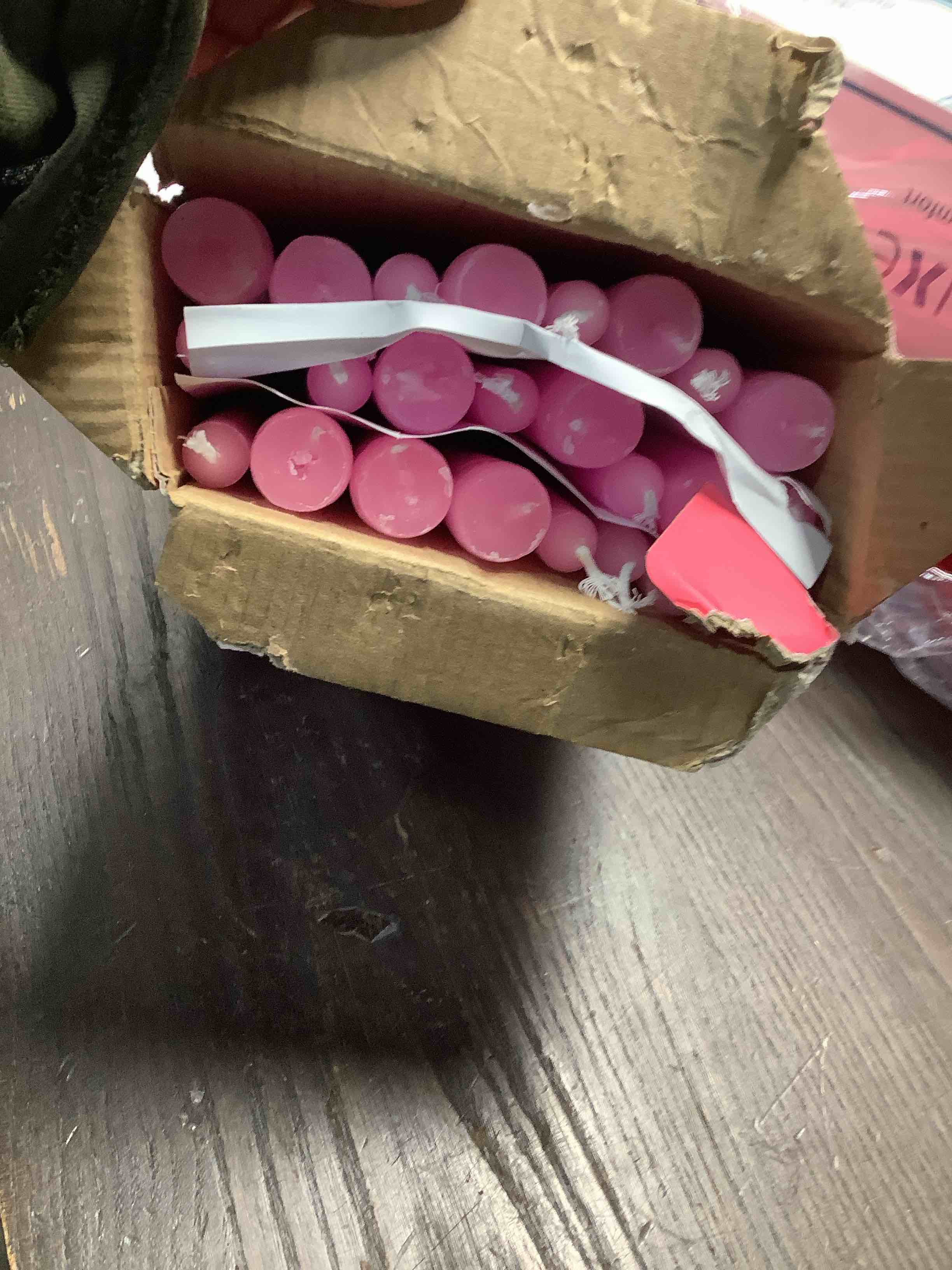 Condition photo showing As Is for 24 Pack Pink Taper Candles, 7-8 Hours Burn Time, Unscented, Smokeless and Dripless, 0.75 x 10 Inch Dinner Candle Set for Valentine's Day,Household, Wedding, Party and Home Décor Candlesticks Pink-24