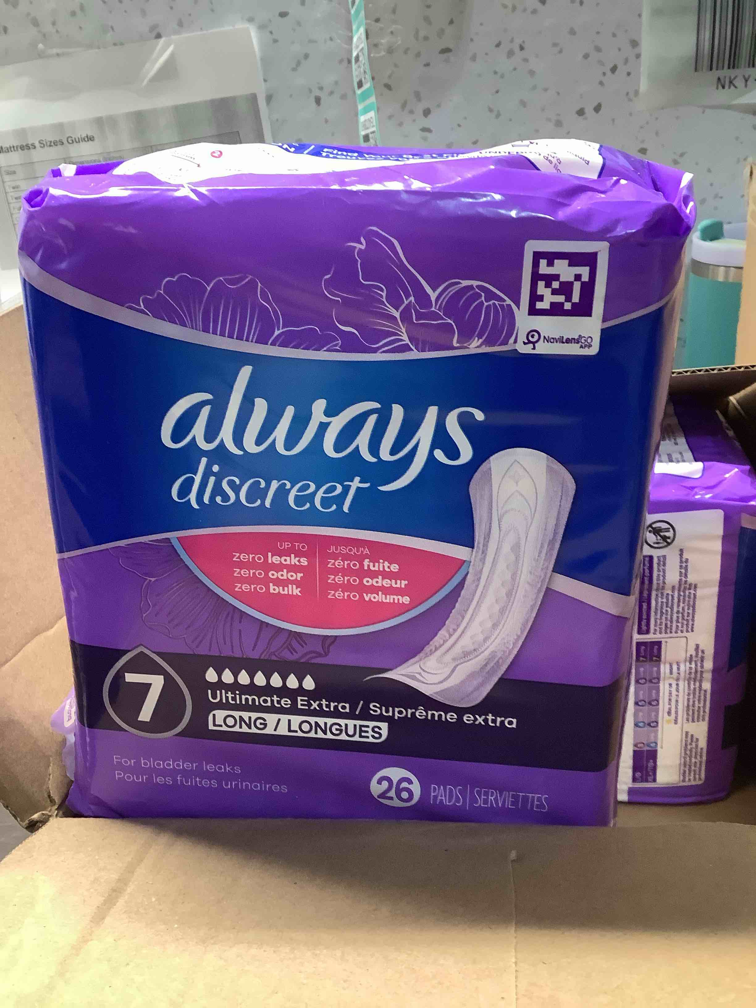 Condition photo showing New/Like New for Always Discreet Adult Incontinence Pads for Women, Ultimate Extra Absorbency, Long Length, Postpartum Pads, 104 Count (4 Packs of 26) Long 104