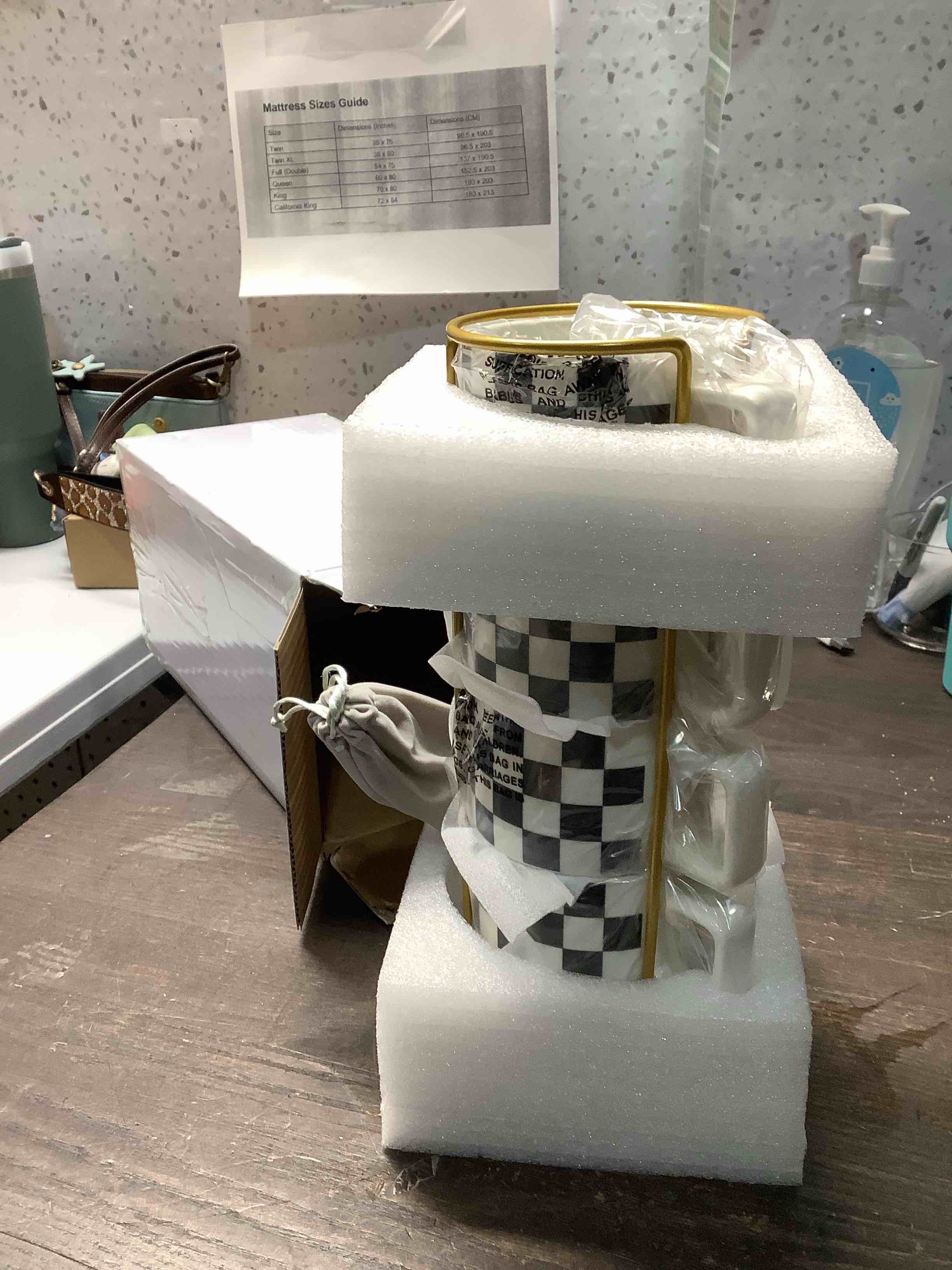 Condition photo showing Good Condition for Miamolo Stackable Coffee Mug Set of 4 with Rack 11 oz Tea Cup Set with Little Spoon for Coffee Tea Cocoa Milk, Checkered Black and White Pattern Coffee Mug for Housewarming Gift Black & White Pattern