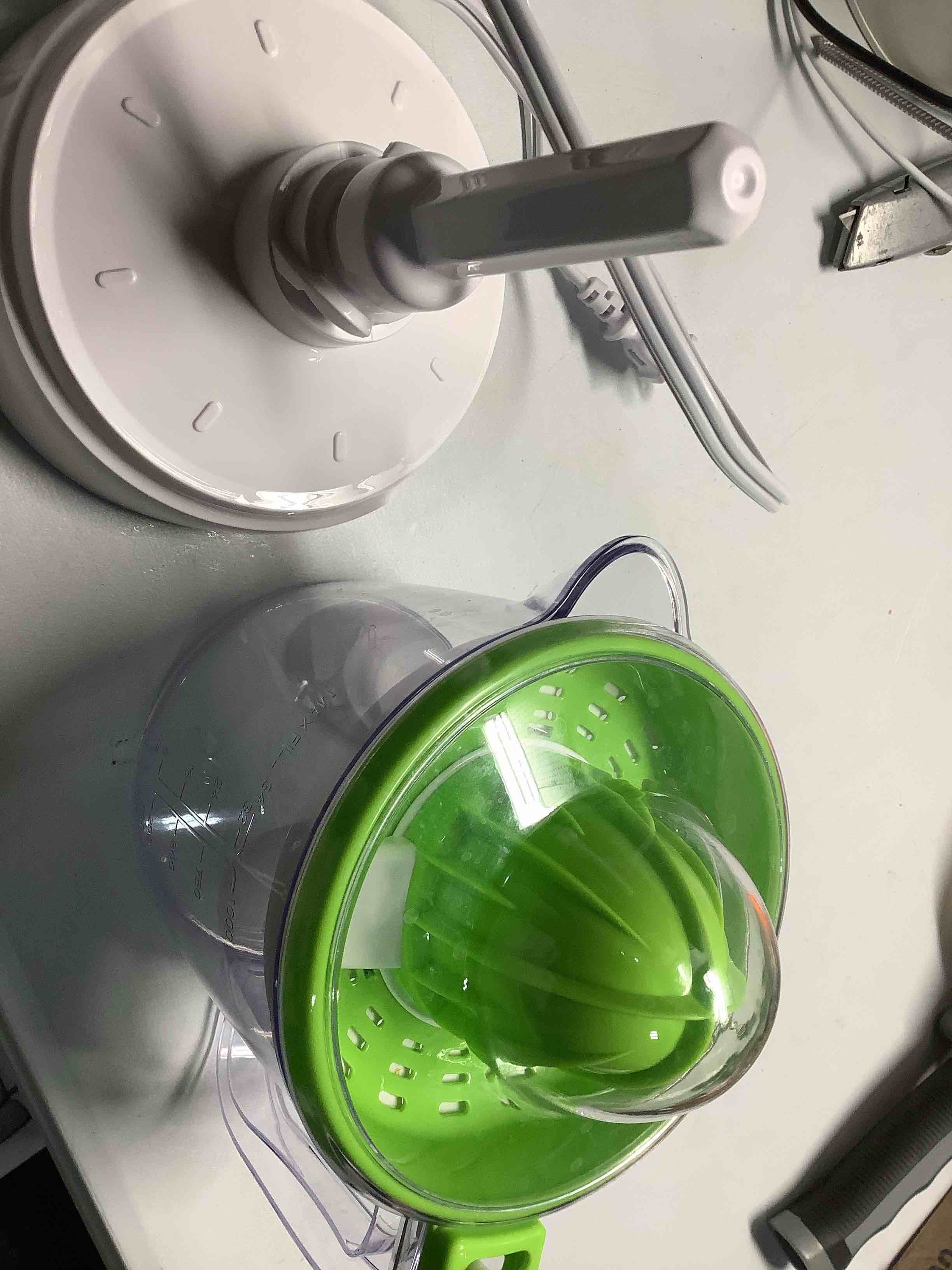 Condition photo showing As Is for Proctor Silex Electric Citrus Juicer Machine, Large 34 oz. Pitcher, Pressure Activated, 2 Reamers for Big and Small Fruit, Pulp Control, for Orange, Lemon, Grapefruit Juice, White & Green (66340) White & Green Large 34 oz. Pitcher