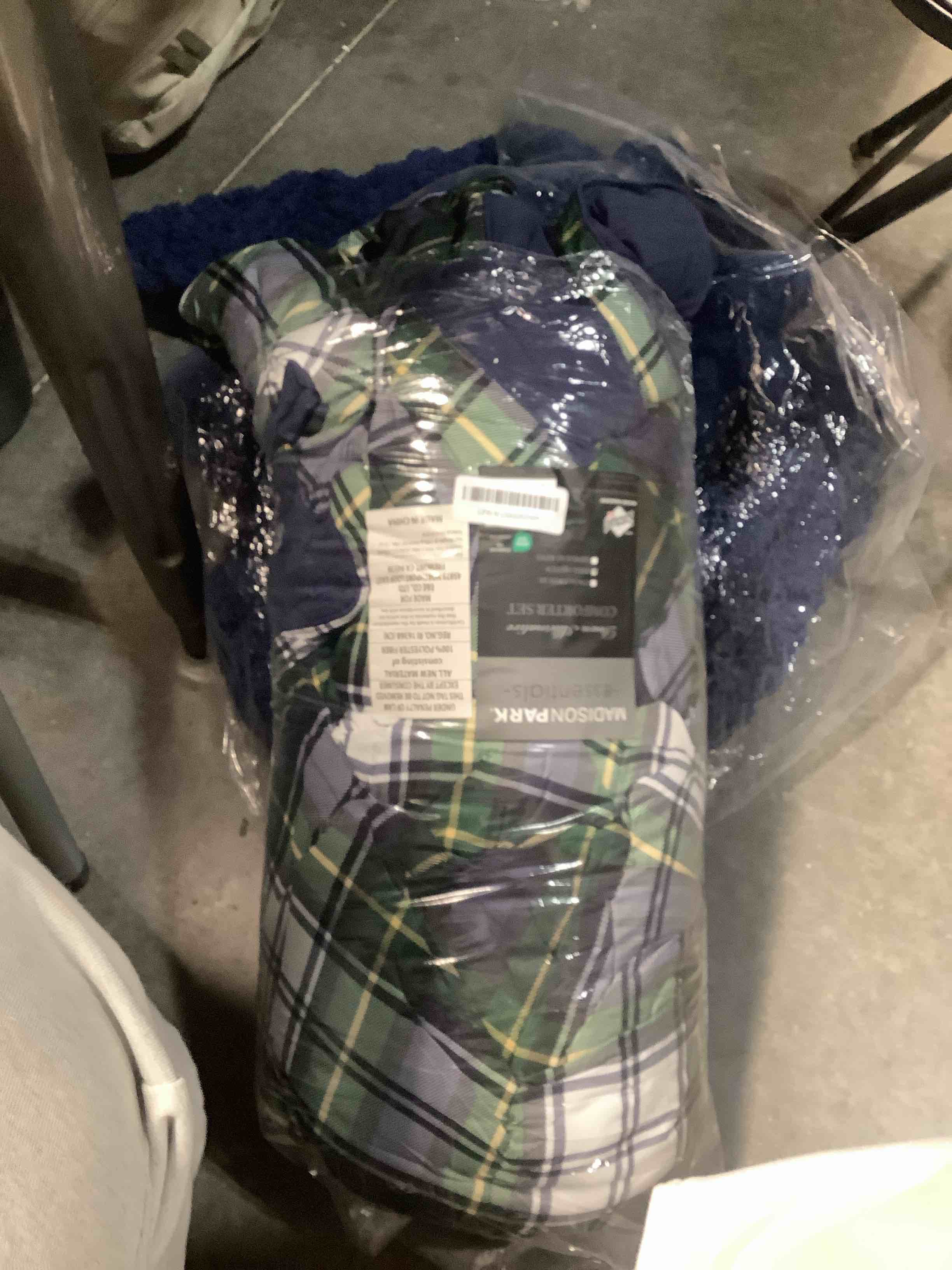 Condition photo showing Good Condition for Madison Park Essentials Parkston Plaid Comforter, Matching Sham, 3M Scotchguard Stain Release Cover, Hypoallergenic All Season Bedding-Set, Full/Queen, Navy, 3 Piece Navy Full/Queen