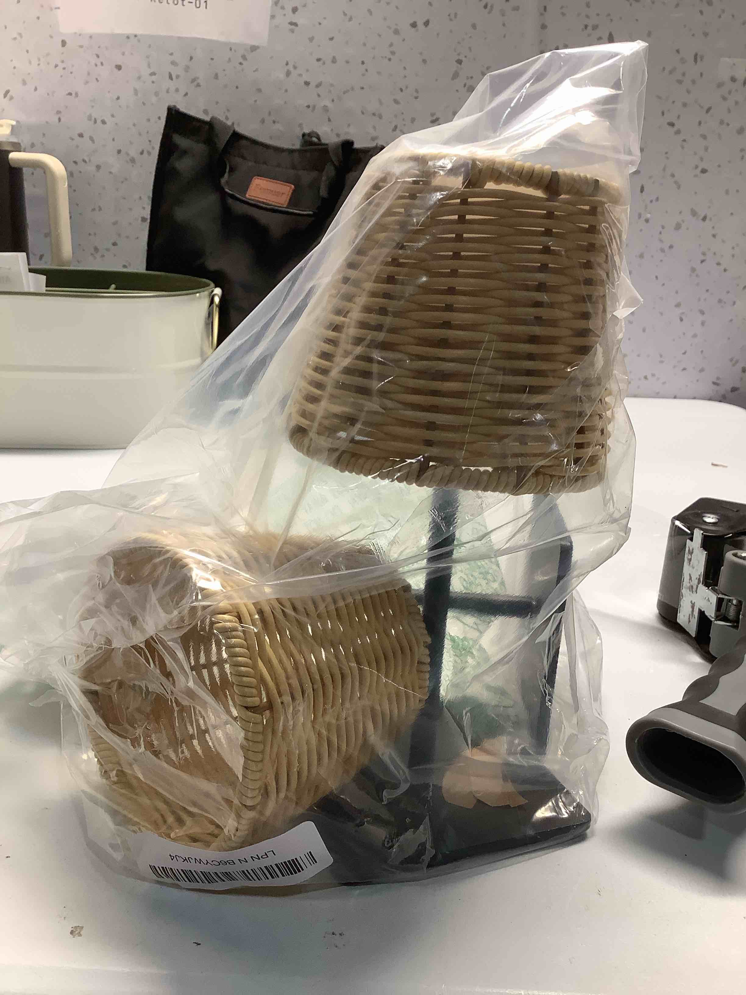 Condition photo showing Good Condition for Pickmesh 2 Pack Rattan Table Lamp Woven Boho Table Lamp with Gold Tone Base Wicker Night Light Cordless LED Desk Lamps for Living Room Bedroom Wedding Decor, 2600mah Battery Operated