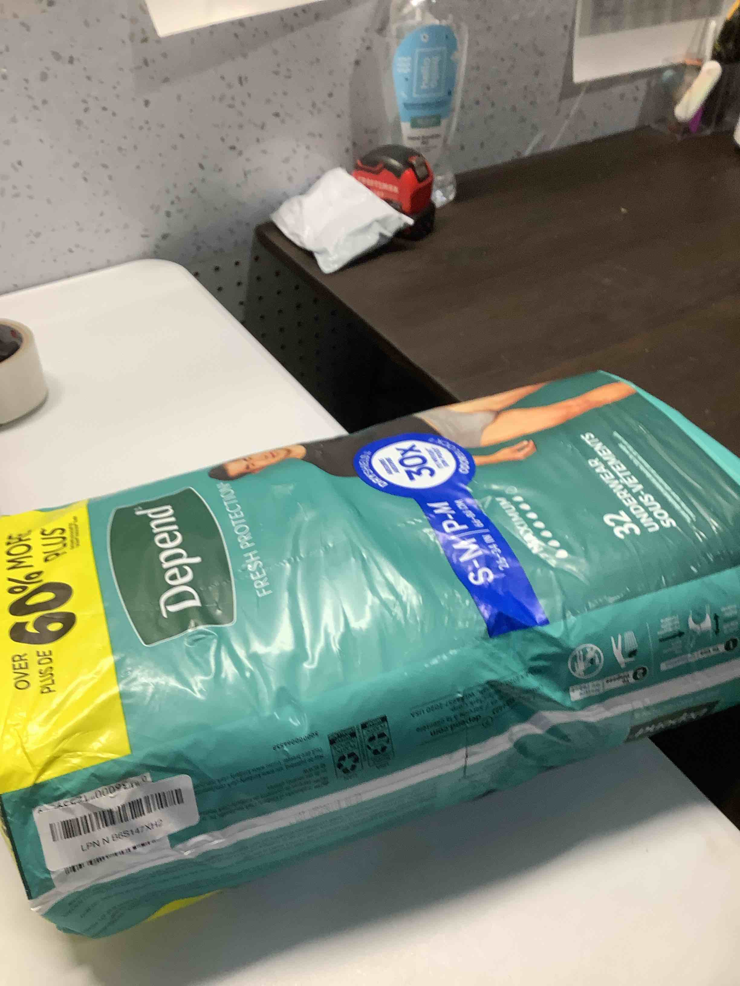 Condition photo showing Good Condition for Depend Fresh Protection Adult Diapers, Incontinence Underwear for Men, Disposable, Maximum, Small/Medium, Grey, 32 Count, Packaging May Vary Small/Medium 32