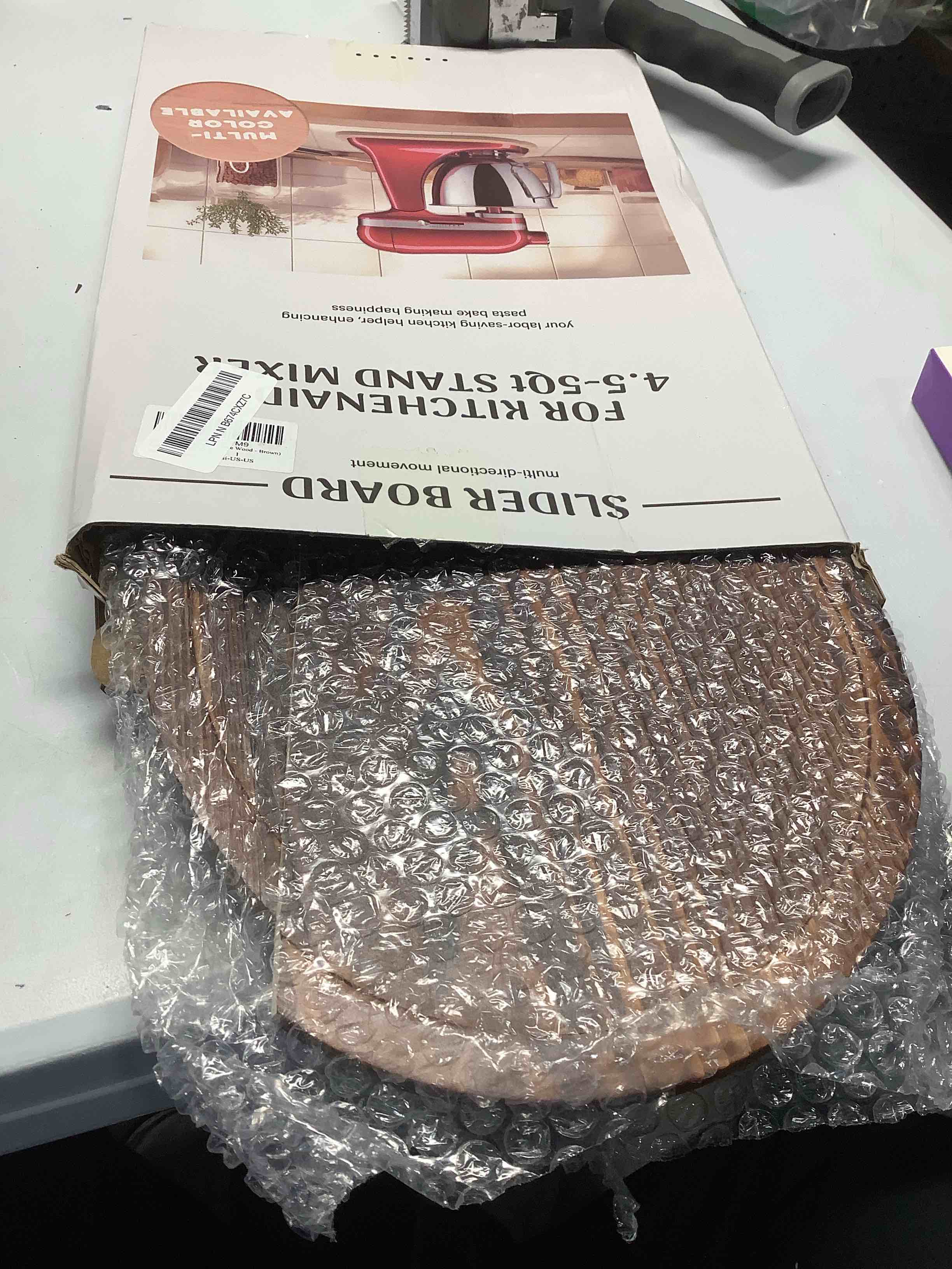 Condition photo showing Good Condition for Mixer Slider Compatible with 4.5-5 QT Kitchen Aid Stand Mixers, Kitchen Countertop Storage Mover Sliding Caddy Mixer Slider Mat for Kitchen Aid Stand Mixer Accessories Attachment (Pine Wood - Brown) for 4.5-5 QT Brown Wood