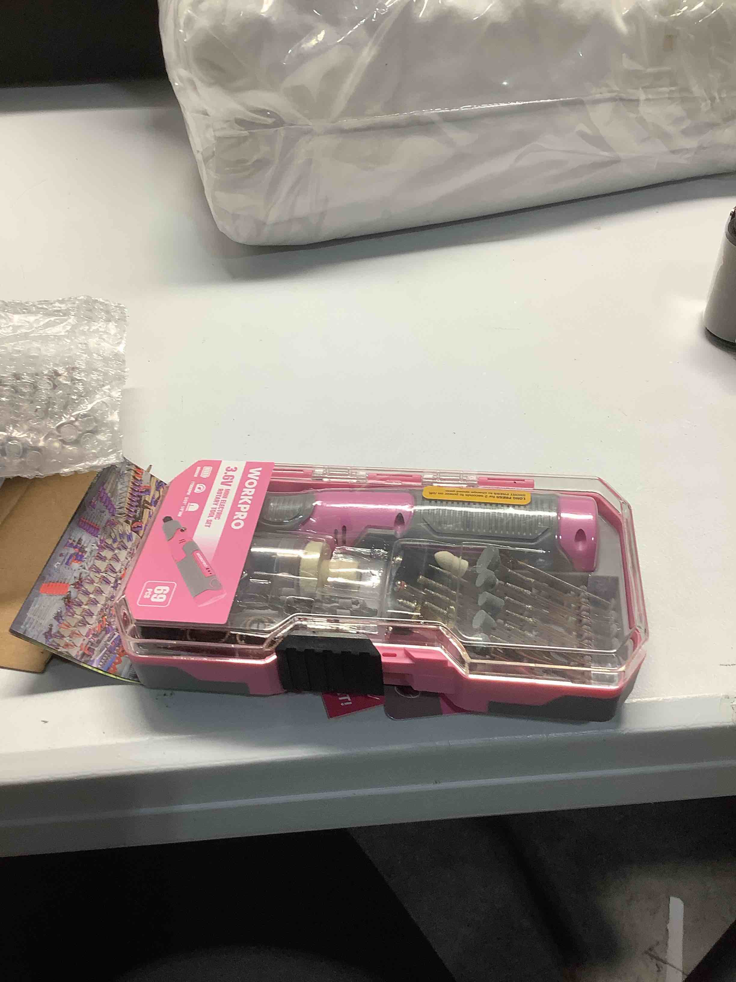 Condition photo showing Good Condition for WORKPRO Cordless Rotary Tool Kit with 71pcs Accessories, 3 Variable Speeds, USB Rechargeable Mini Rotary Tool for Engraving, Sanding, Polishing, Carving, Cutting, DIY Crafts - Pink Ribbon