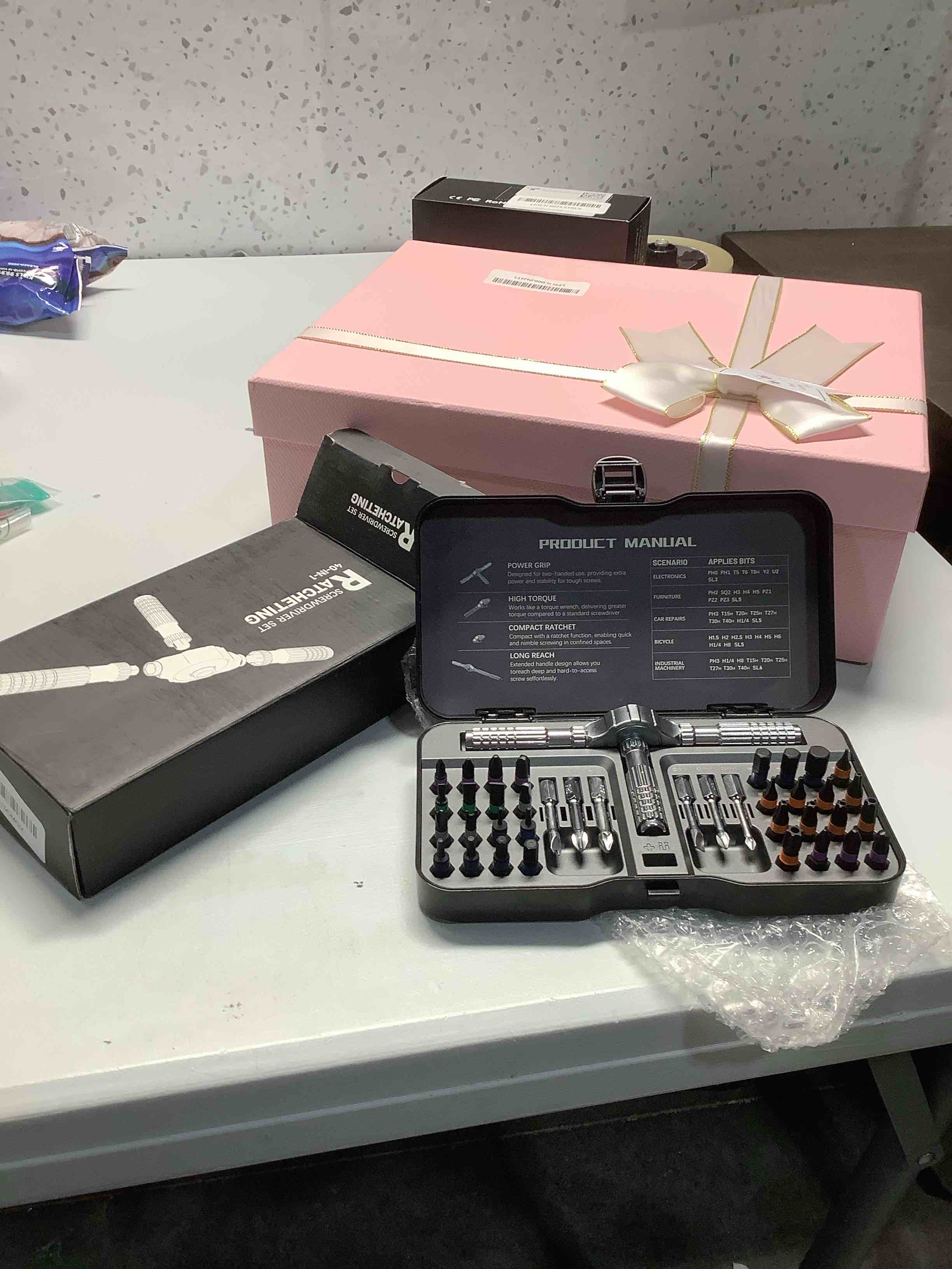Condition photo showing Good Condition for 40 In 1 Ratcheting Screwdriver Set,Multi S2 Steel Bits with Detachable Ratchet Handle,Ratchet Screwdriver Set for Furniture Assembly, Electronics Repair, Bicycle,DIY