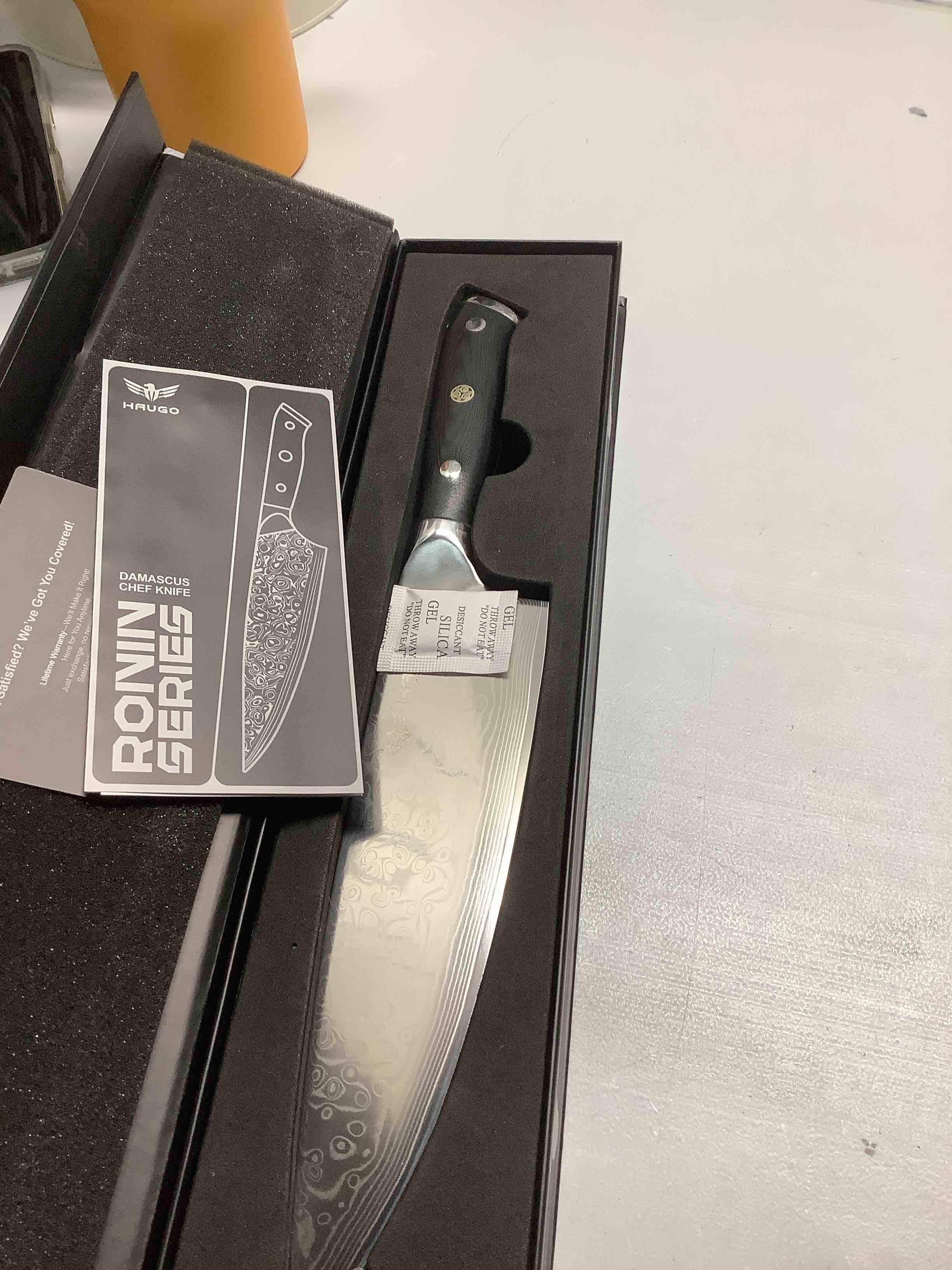 Condition photo showing Good Condition for Damascus Chef Knife - Haugo 8 Inch Kitchen Knife with Japanese VG10 Steel Core - Full Tang Handle - Ultra Sharp Professional Cooking Knife - Ronin Series - Gift Box