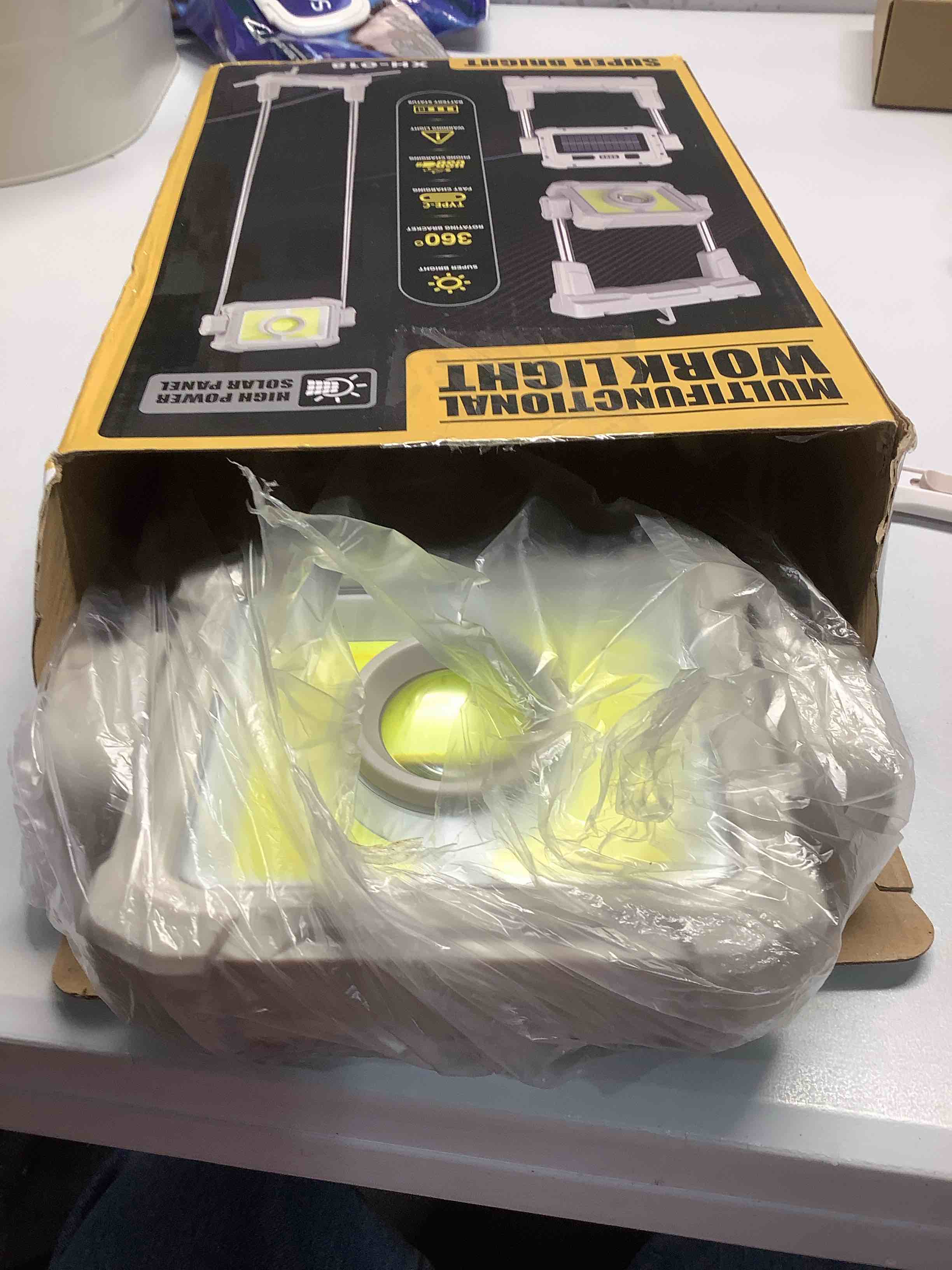 Condition photo showing Good Condition for Rechargeable Work Light -10000 Lumen Solar Led Work Light, Waterproof Height Adjustable Portable Camping Lights with Stand, 5 Modes Tripod Mechanic Lights for Outdoor Indoor, Garage Car Repair