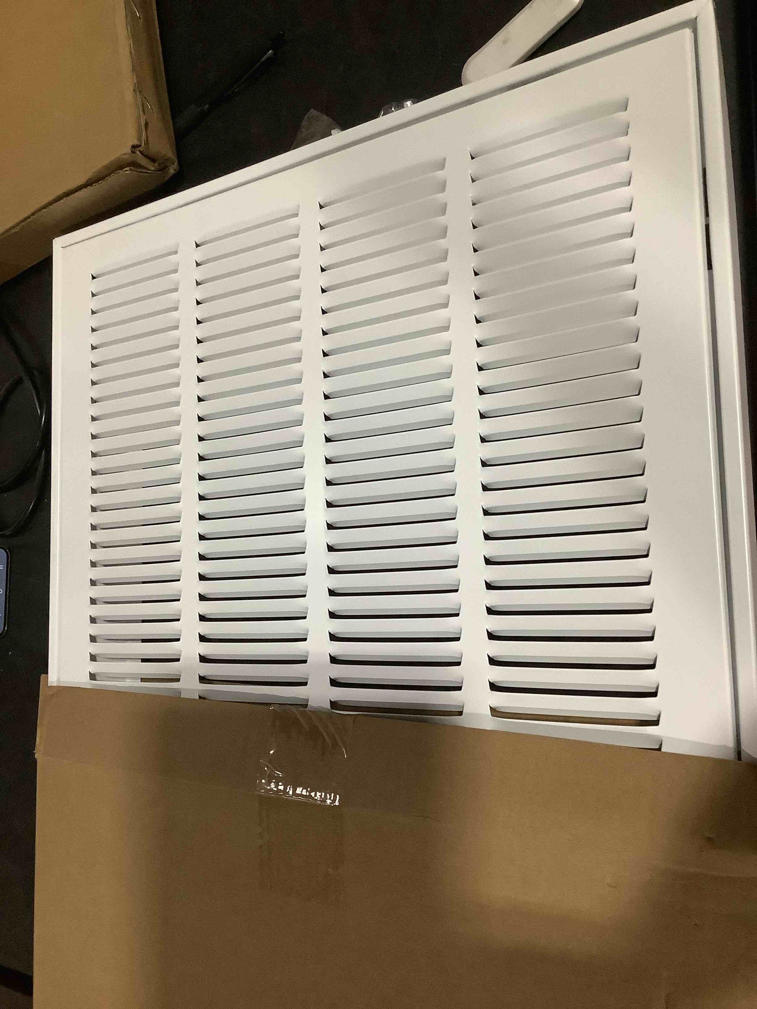 Condition photo showing Good Condition for ez-flo 16 x 16 inch (duct opening) return air vent cover for wall or ceiling, solid steel return air filter grille, hvac vent cover, white, 61654 16 in. x 16 in.