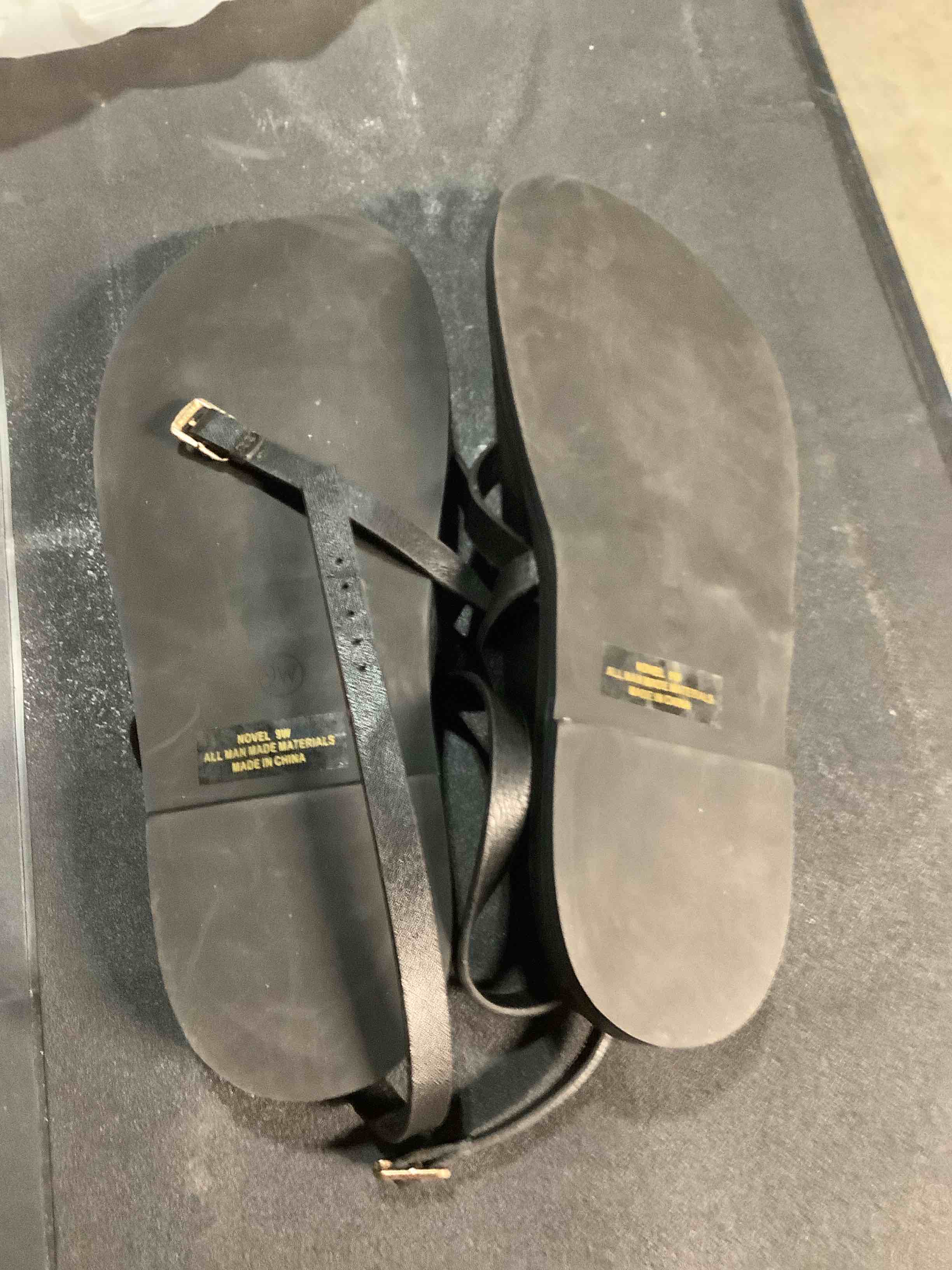 Condition photo showing Good Condition for size 9w cushionaire life strappy flat thong sandals for women with toe loop, memory foam, and adjustable ankle strap womens sandals