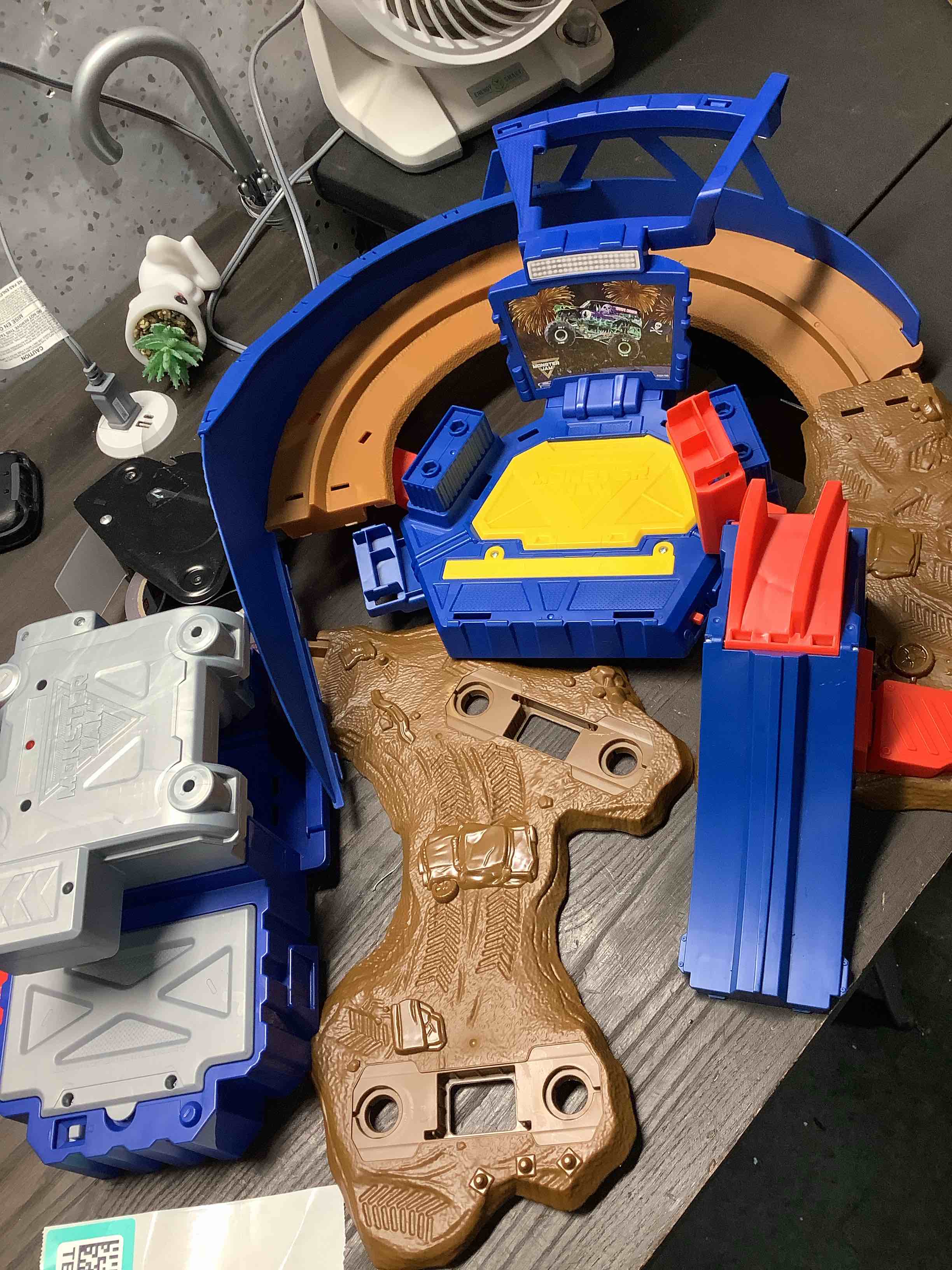Condition photo showing As Is for monster jam, supercharge speedway playset, megalodon and el toro loco die-cast monster trucks, light up world finals track kids toys for boys ages 3 and up