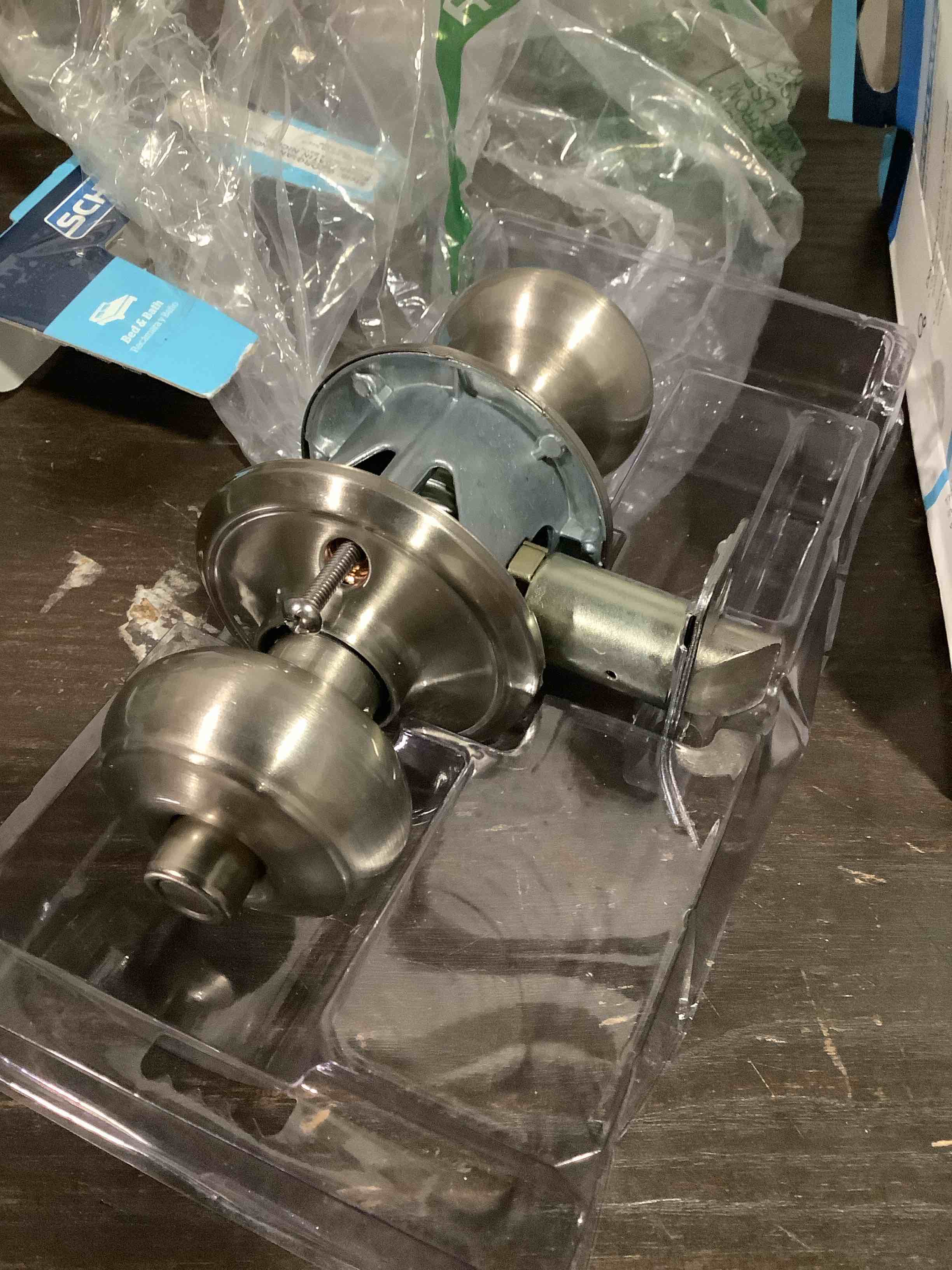 Condition photo showing Good Condition for schlage f40 geo 619 georgian door knob, bed & bath privacy lock, satin nickel
