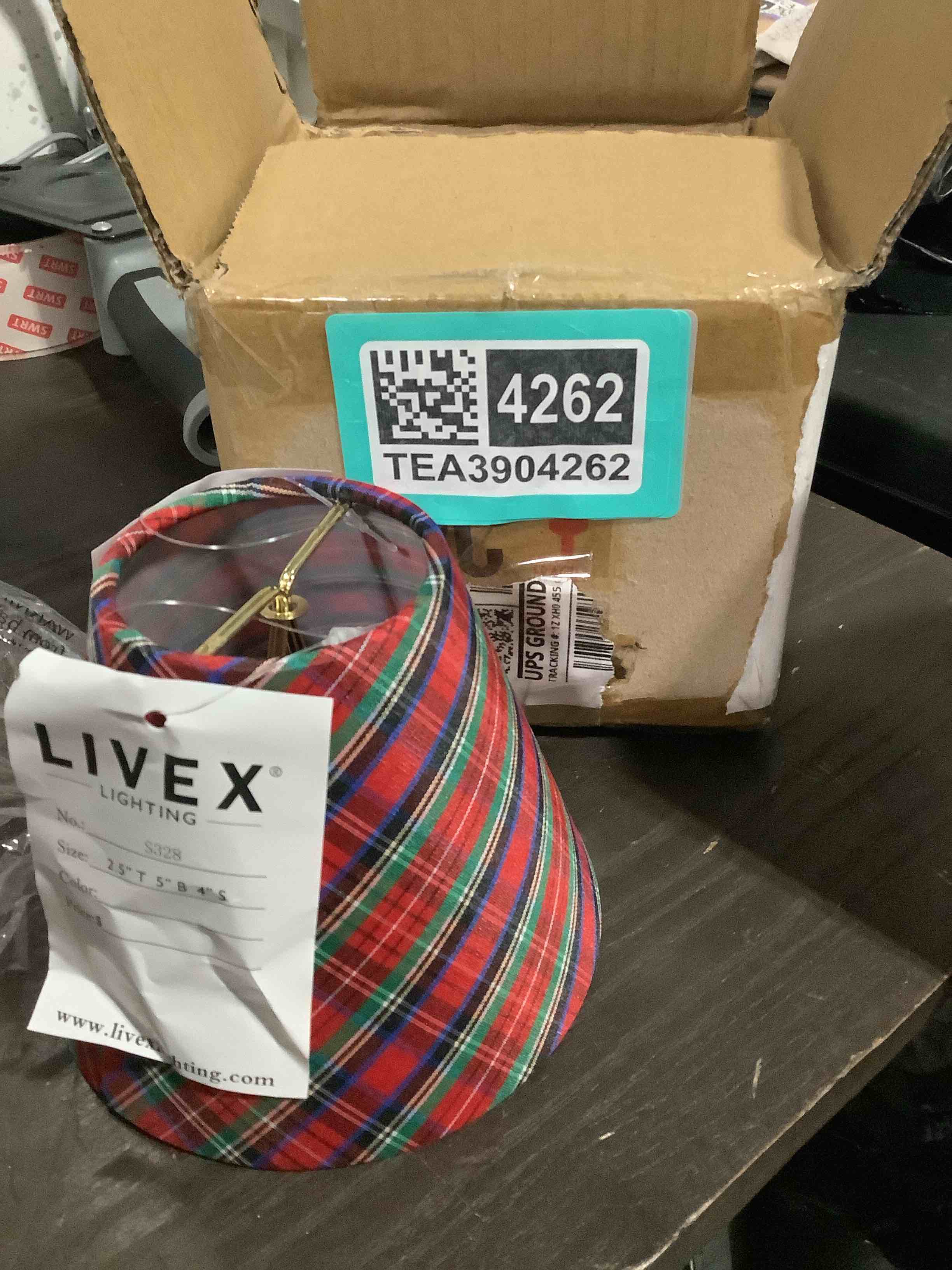 Condition photo showing Good Condition for livex lighting s328 hardback clip-on chandelier shade for holiday decor, empire shape, 5" x 4", red and green plaid