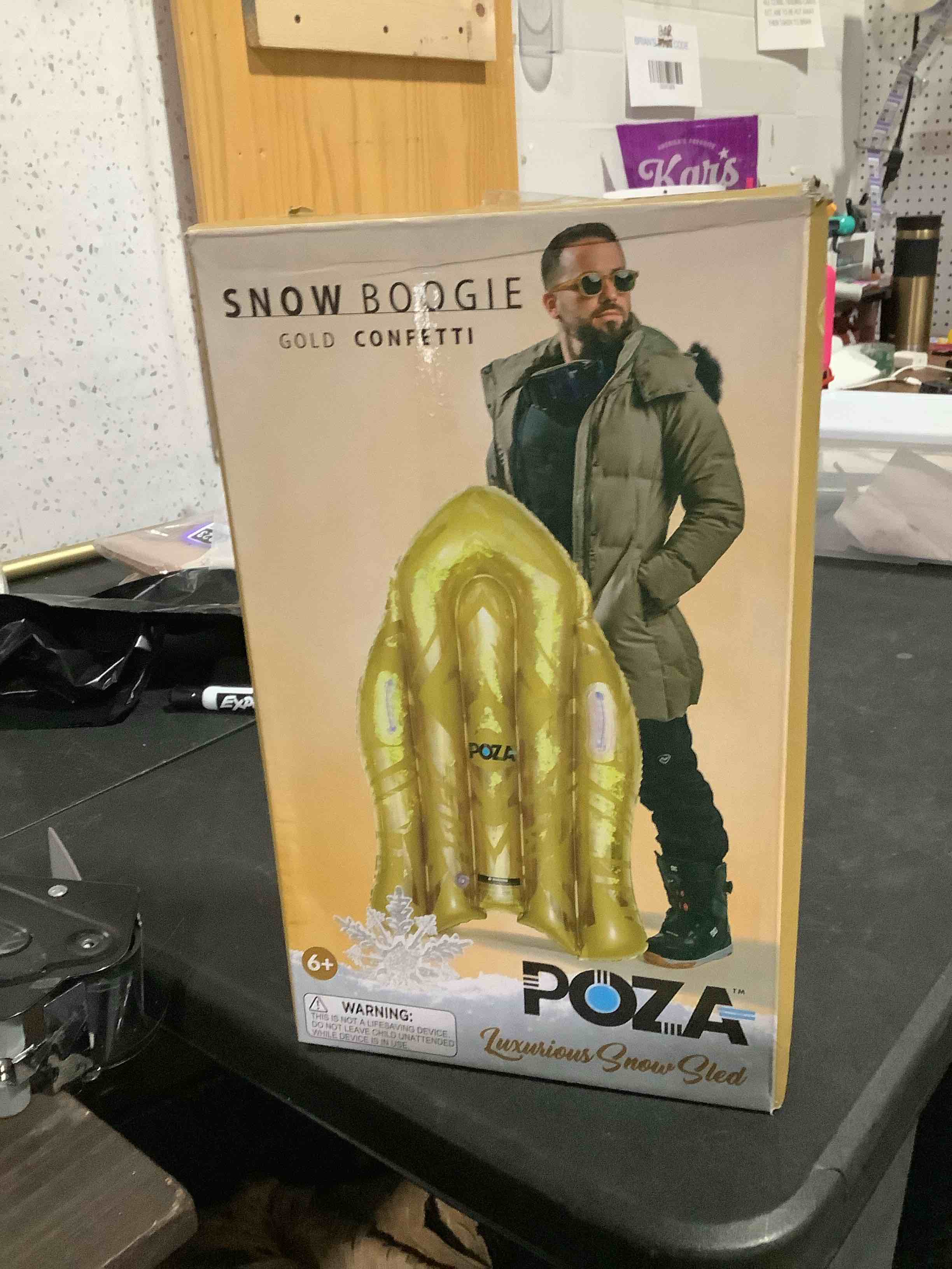 Condition photo showing As Is for poza inflatable snow boogie sled – luxurious snow sled with handles and filled with gold snowflake confetti – premium heavy duty cold resistant pvc sled for adults and kids – 44 inch