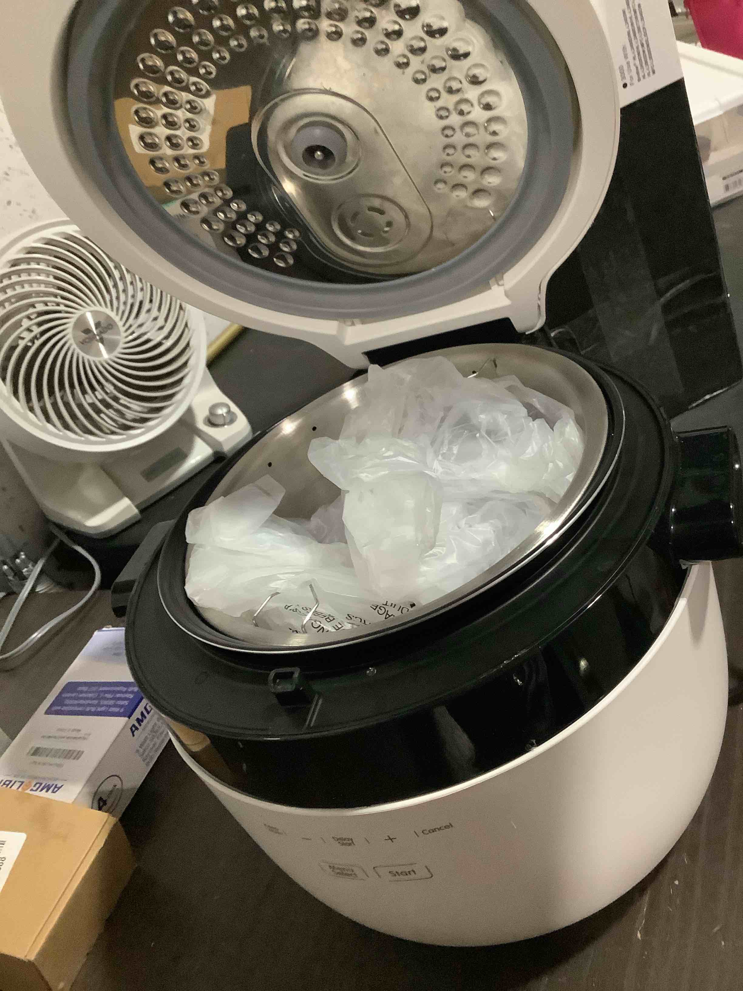 Condition photo showing As Is for instant pot 20-cup rice cooker, rice and grain multi-cooker with carb reducing technology without compromising taste or texture, from the makers of instant pot, includes 8 cooking presets