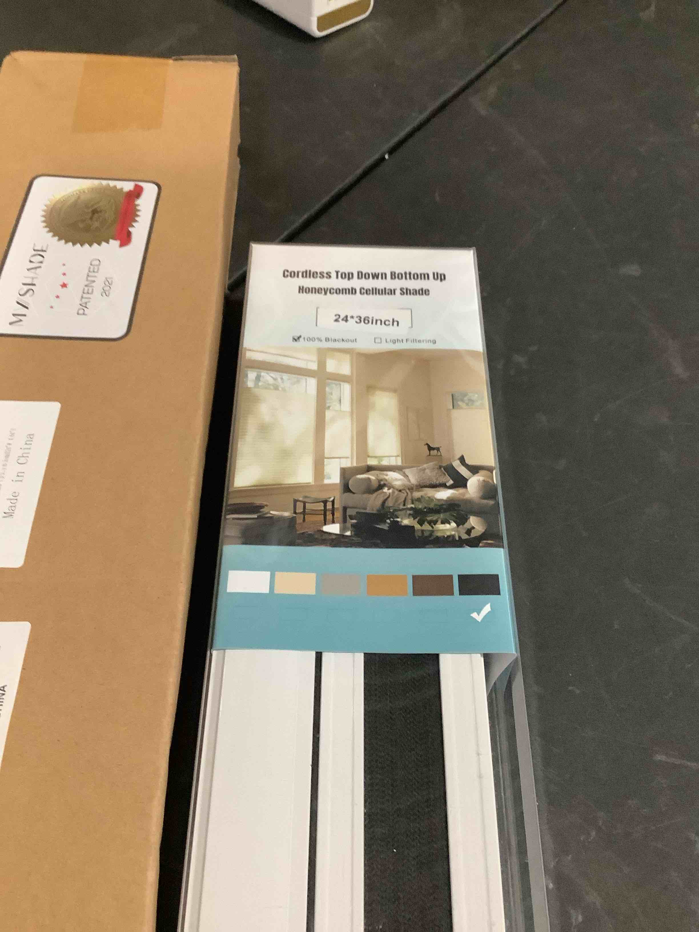 Condition photo showing New/Like New for myshade top down bottom up shade cordless cellular shades blackout blinds for indoor windows room darkening window blinds & shades easy to install 24" w x 64" h (black)
