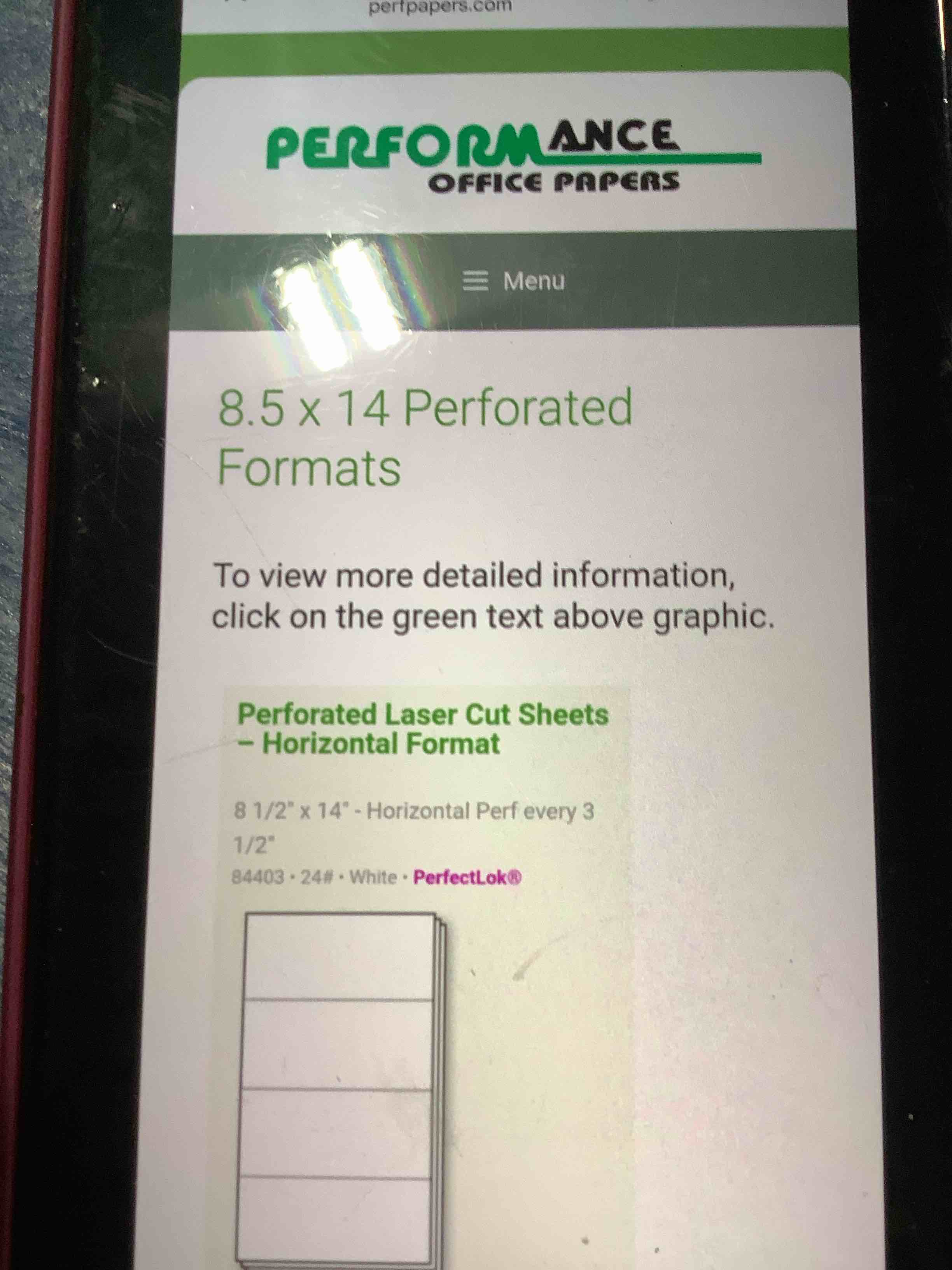 perfectlok 8.5” x 14 white 500 sheets 92 Bright - perforated every 3.5”