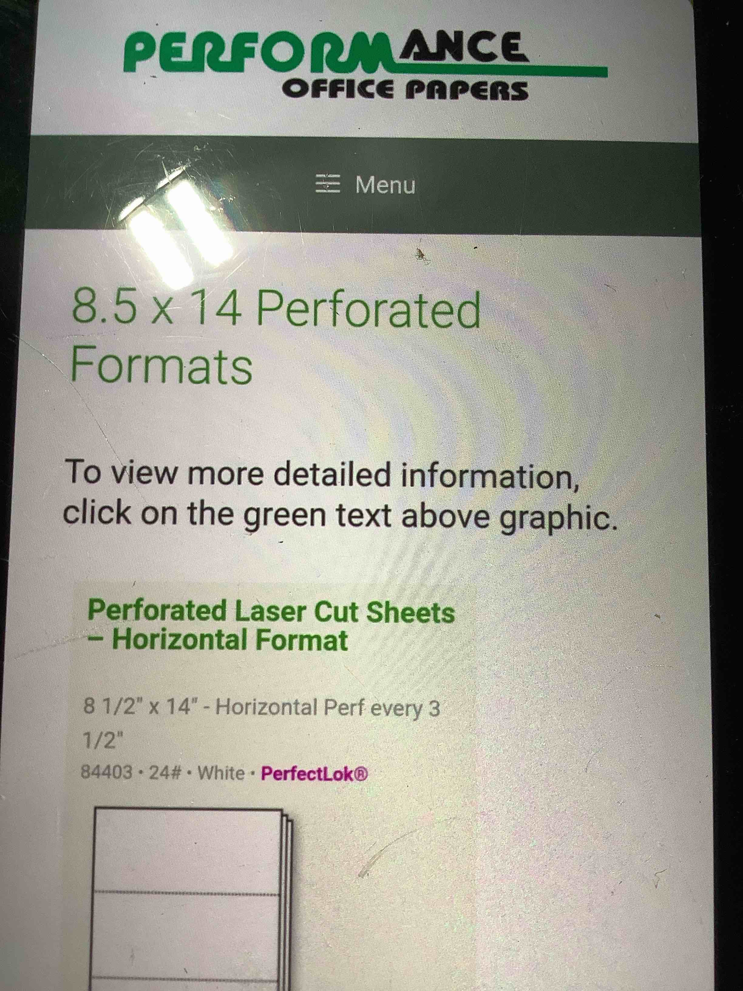 perfectlok 8.5” x 14 white 500 sheets 92 Bright - perforated every 3.5”