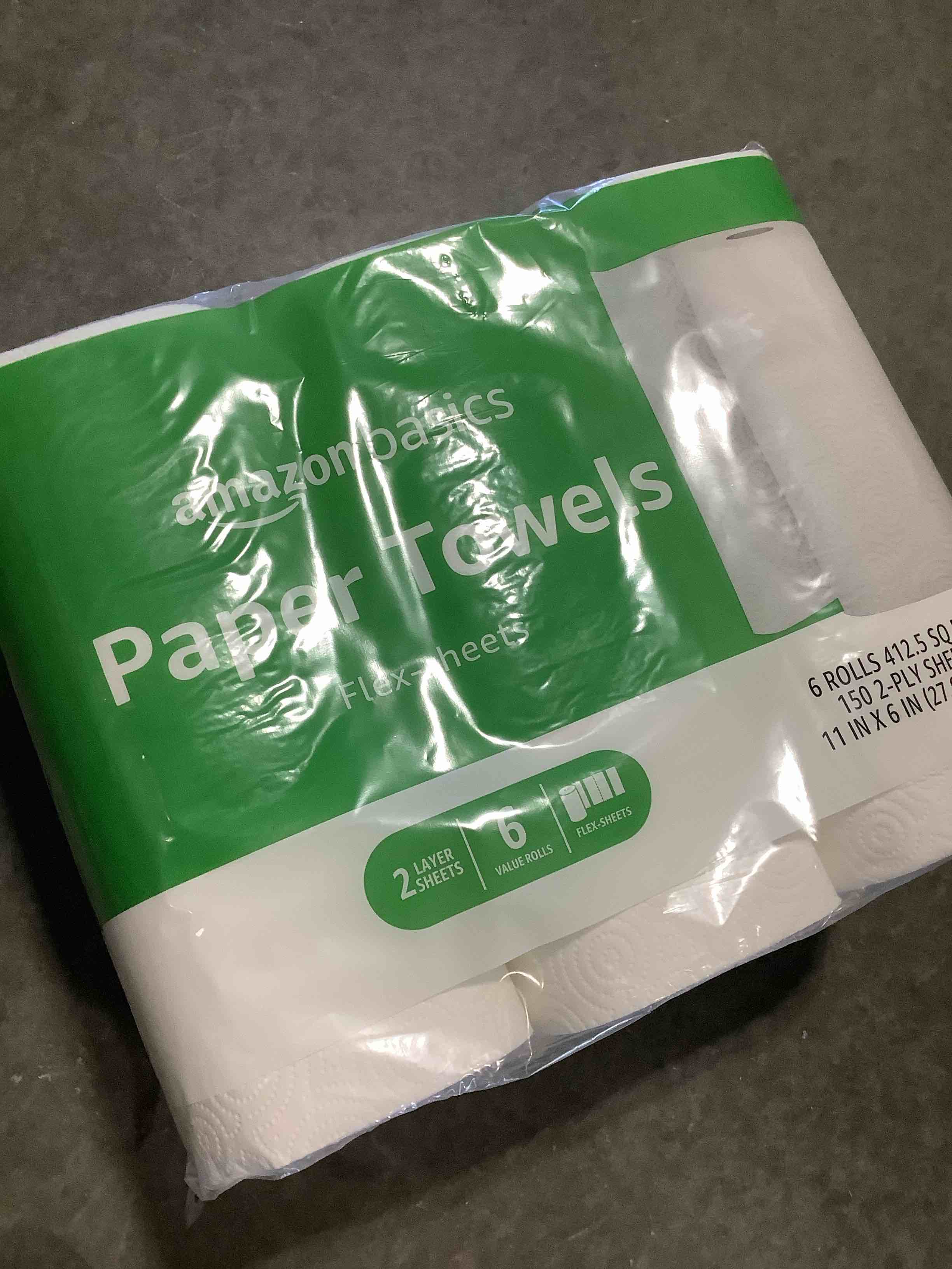 Condition photo showing New/Like New for amazon basics 2-ply paper towel, flex sheets, 150 sheet per roll, 6 rolls, white