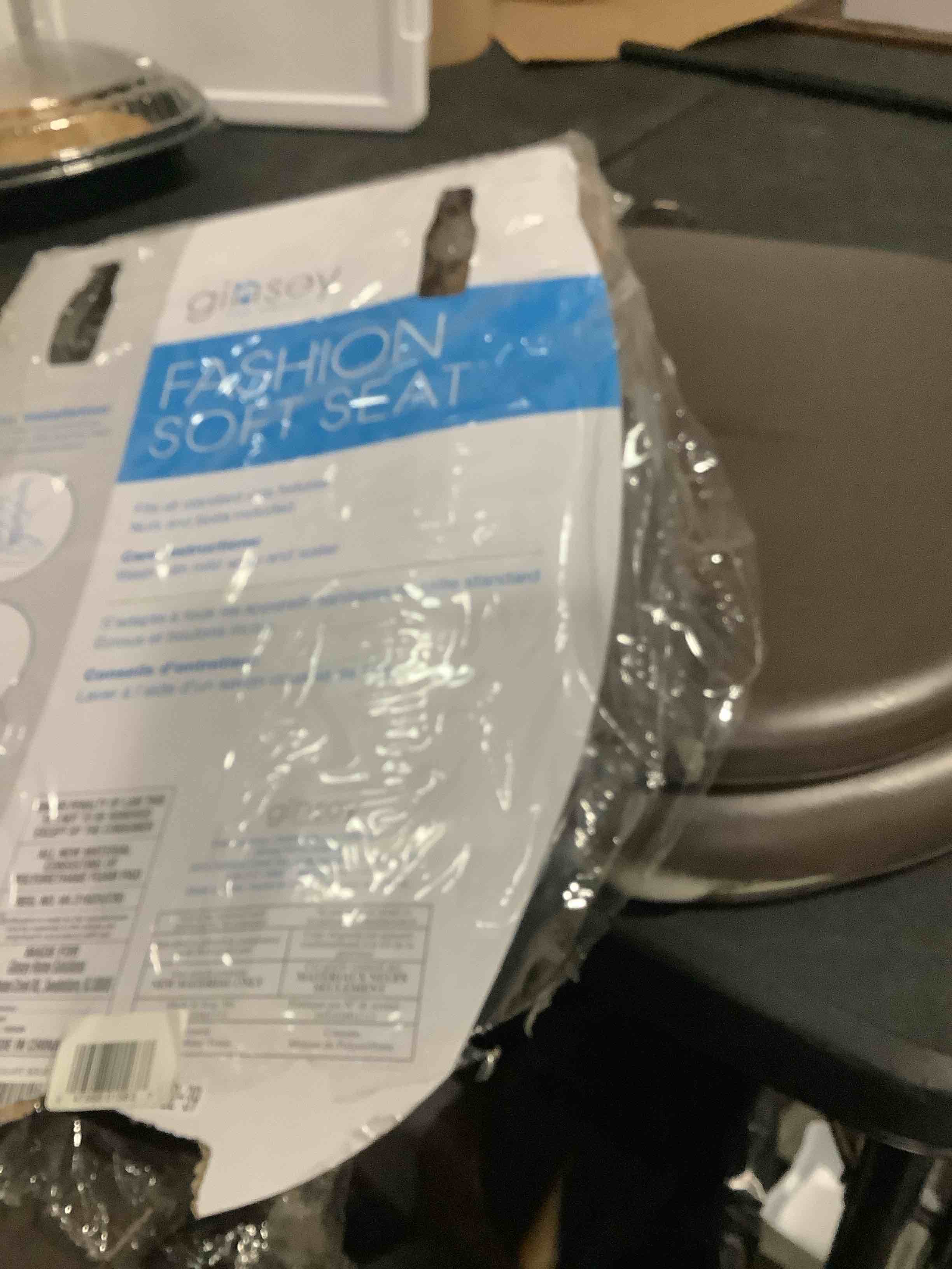 Condition photo showing As Is for ginsey home solutions chocolate round soft toilet seat, soft cushioned seat, plastic hinges, (01583)