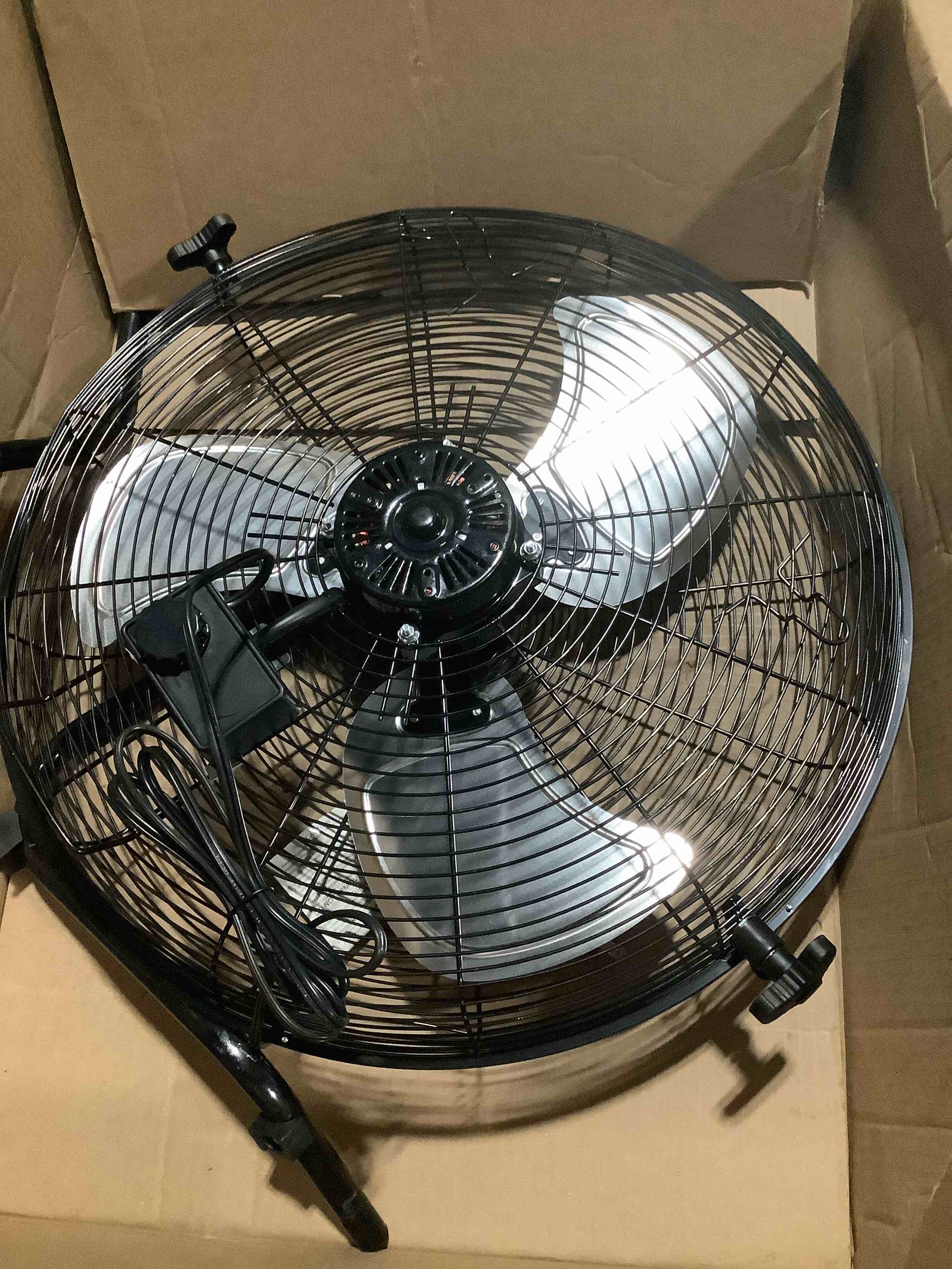 Condition photo showing As Is for similar to ** comfort zone 18-inch high-velocity industrial floor fan, heavy-duty 3-speed metal shop fan with 180° adjustable tilt & carry handle, quiet vibration-free cooling for garage, workshop, & home 18"