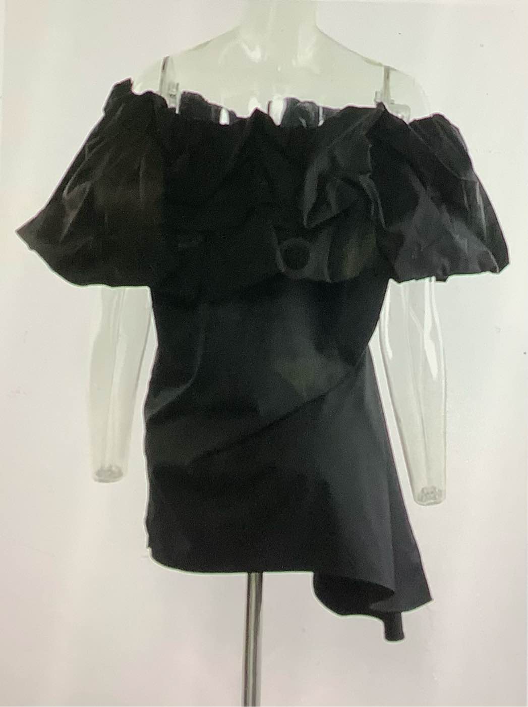 Condition photo showing Good Condition for generic woman off the shoulder, irregular pleated blouse slash neck, short sleeve, casual, dressy shirt size extra small