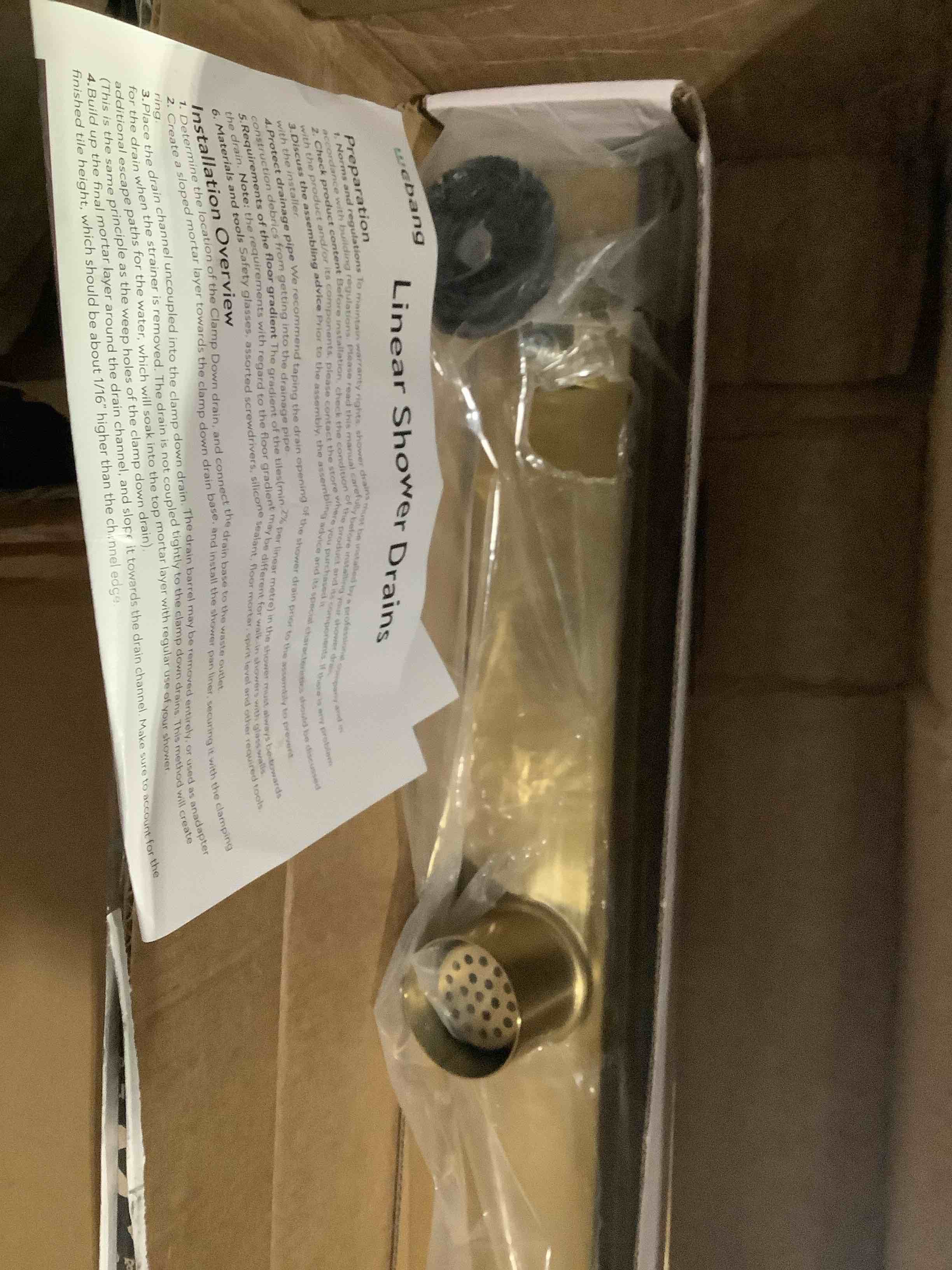 Condition photo showing Good Condition for webang 24 inch linear shower drain rectangular floor drain with accessories square hole pattern cover grate removable sus304 stainless steel cupc certified brushed gold brushed gold 24 inch