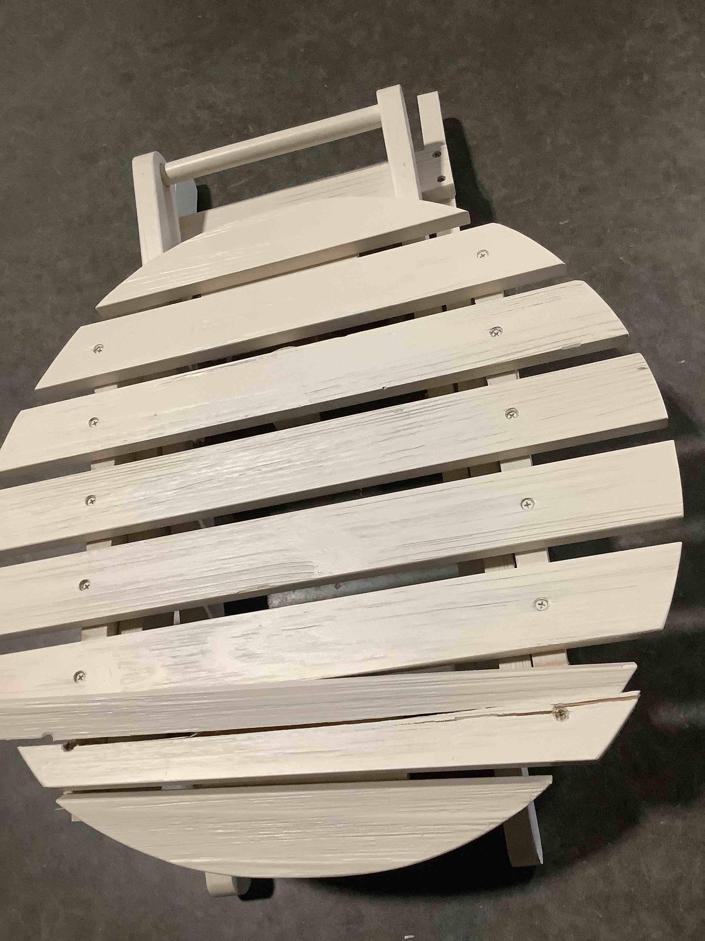 Condition photo showing As Is for shine company round wooden folding solid wood side table, outdoor adirondack small patio table, eggshell white eggshell white classic