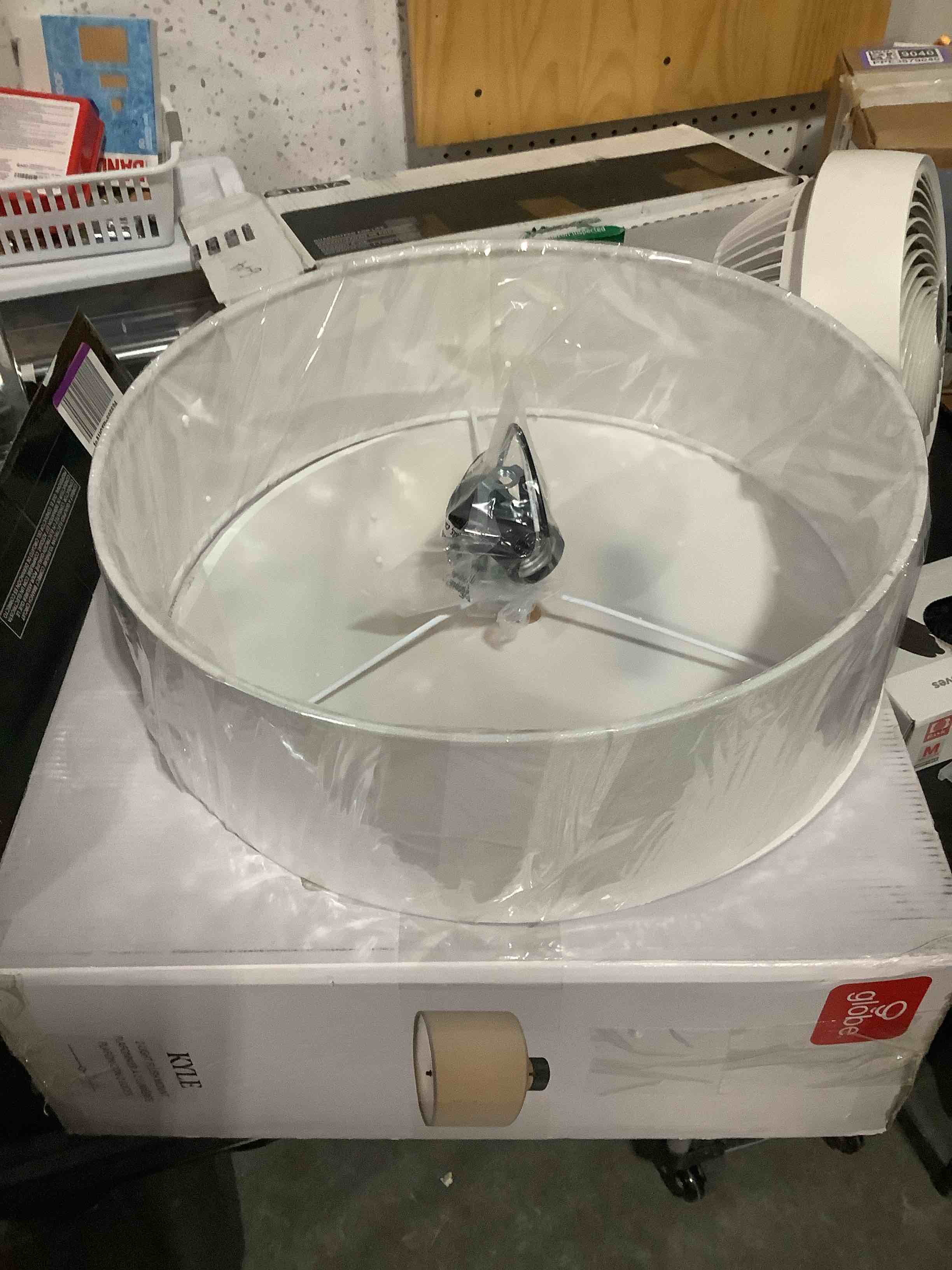 Condition photo showing Good Condition for globe electric 60315 2-light flush mount ceiling light, dark bronze finish, white linen shade, low profile drum design, e26 base, dimmable dark bronze, linen shade