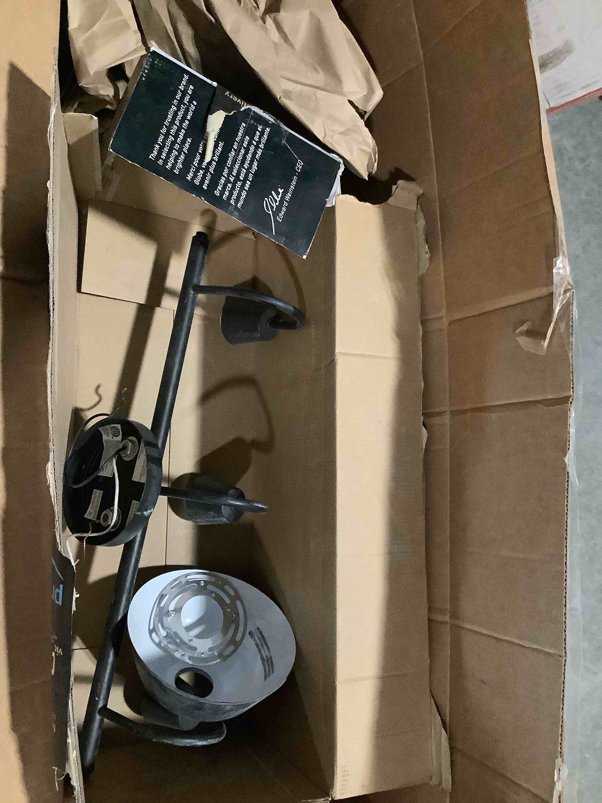 Condition photo showing As Is for globe electric 65554 barnyard 3-light vanity light, matte black, white interior shades matte black, barnyard (vanity light)
