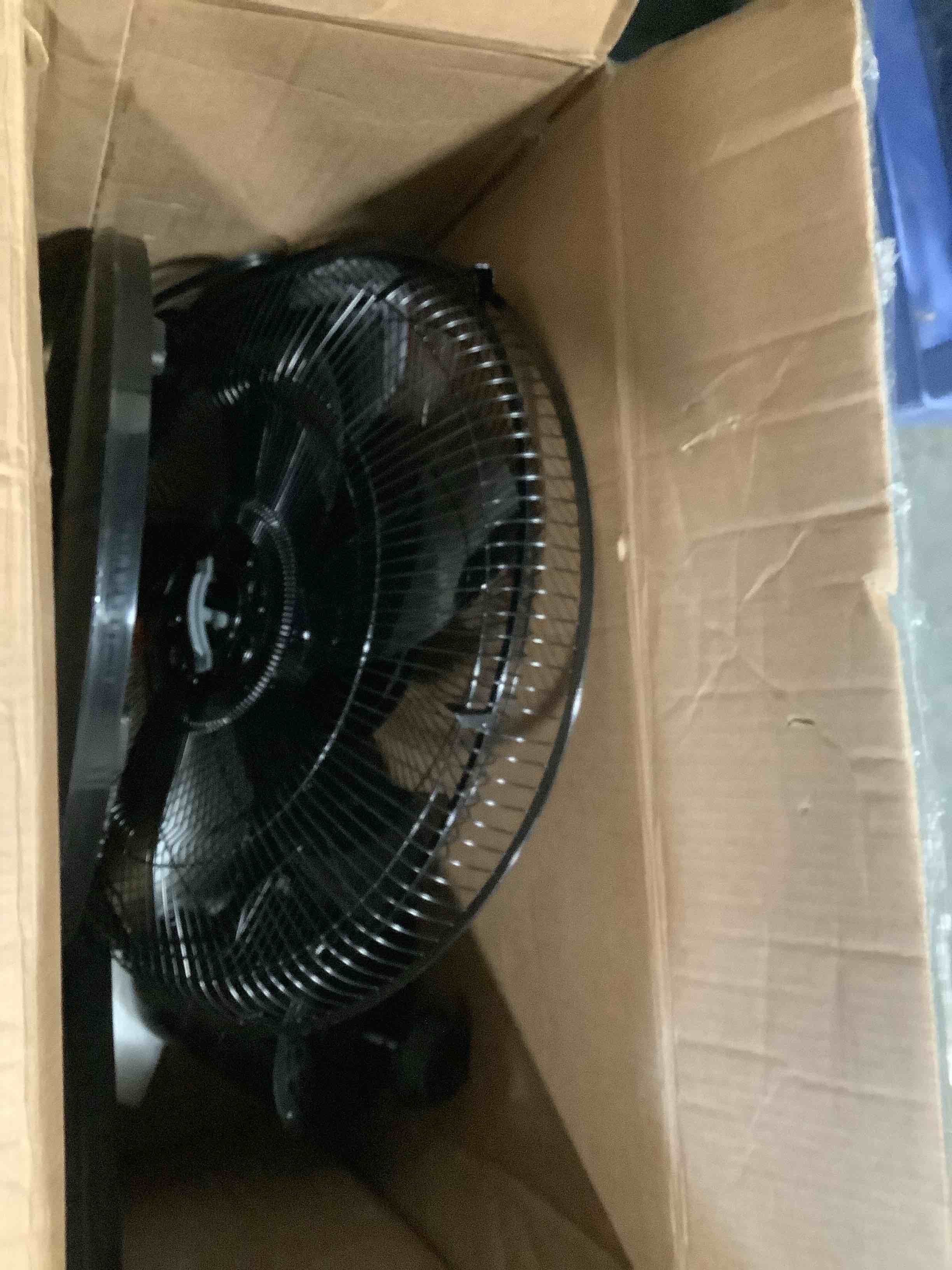 Condition photo showing As Is for newbulig 17" pedestal fans with remote, oscillating standing fan with 3 speed & 3 model, quiet timer stand up fan for indoor, bedroom, living room, adjustable height & tilt head, easy assembly black 17.13" * 17.13" * 51.18"