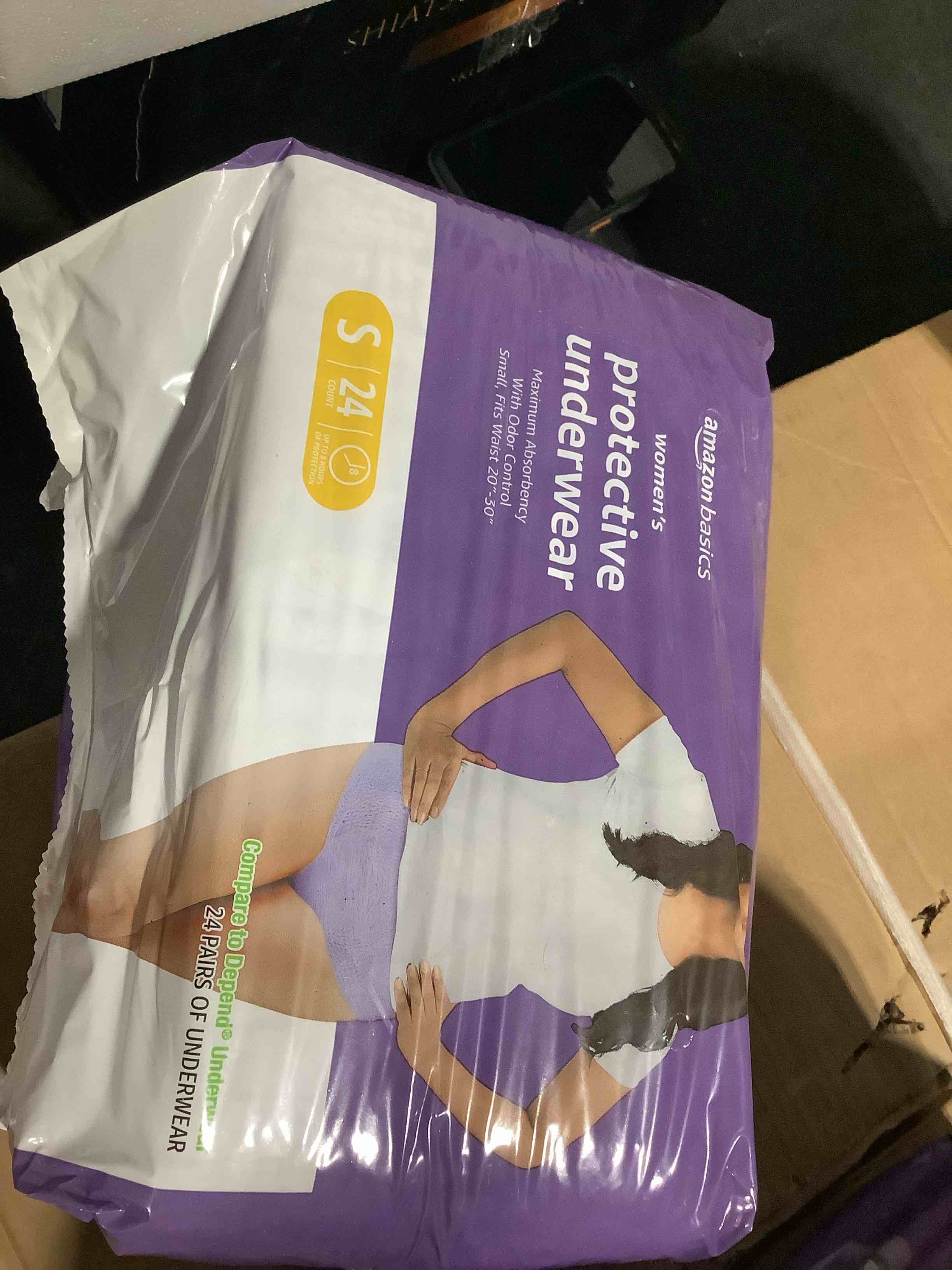 Condition photo showing New/Like New for amazon basics maximum absorbency postpartum incontinence underwear for women, protective, disposable, fresh protection, bladder leak protection, small, lavender, 24 count small 24.0