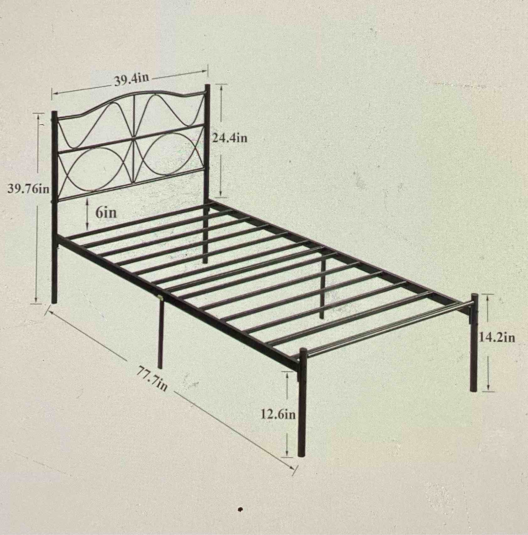 Condition photo showing New/Like New for **similar to** vecelo twin size bed frame. metal bed platform with headboards, dirty steel slat support note boxspring needed.