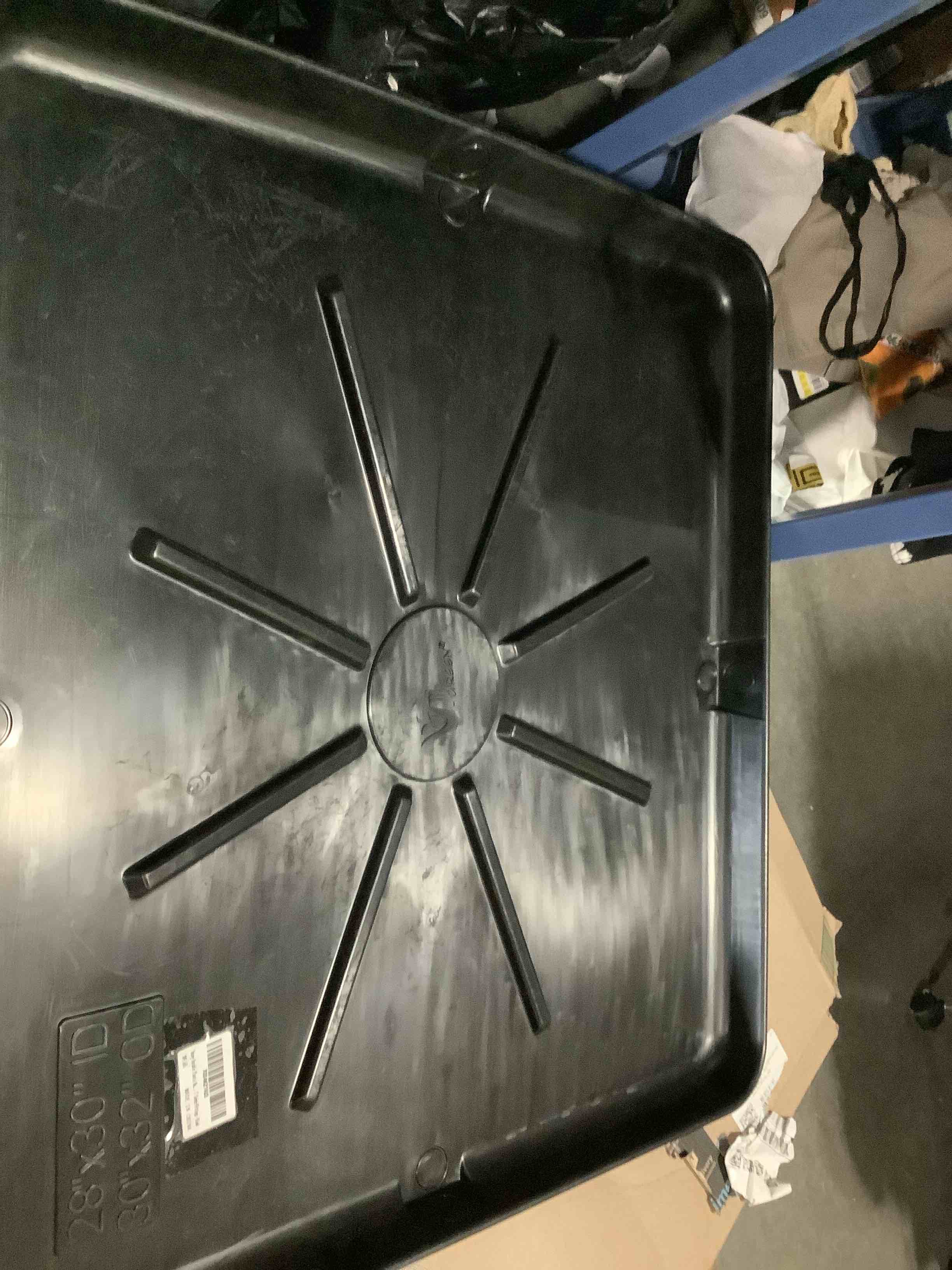 Condition photo showing Good Condition for camco washing machine drain pan - features a durable plastic construction, 1-inch/1.5-inch pvc drain fitting, and measures 30-inches (l) x 32-inches (w) x 2 ½-inches (h) (od) (20750) standard packaging graphite 30" x 32"