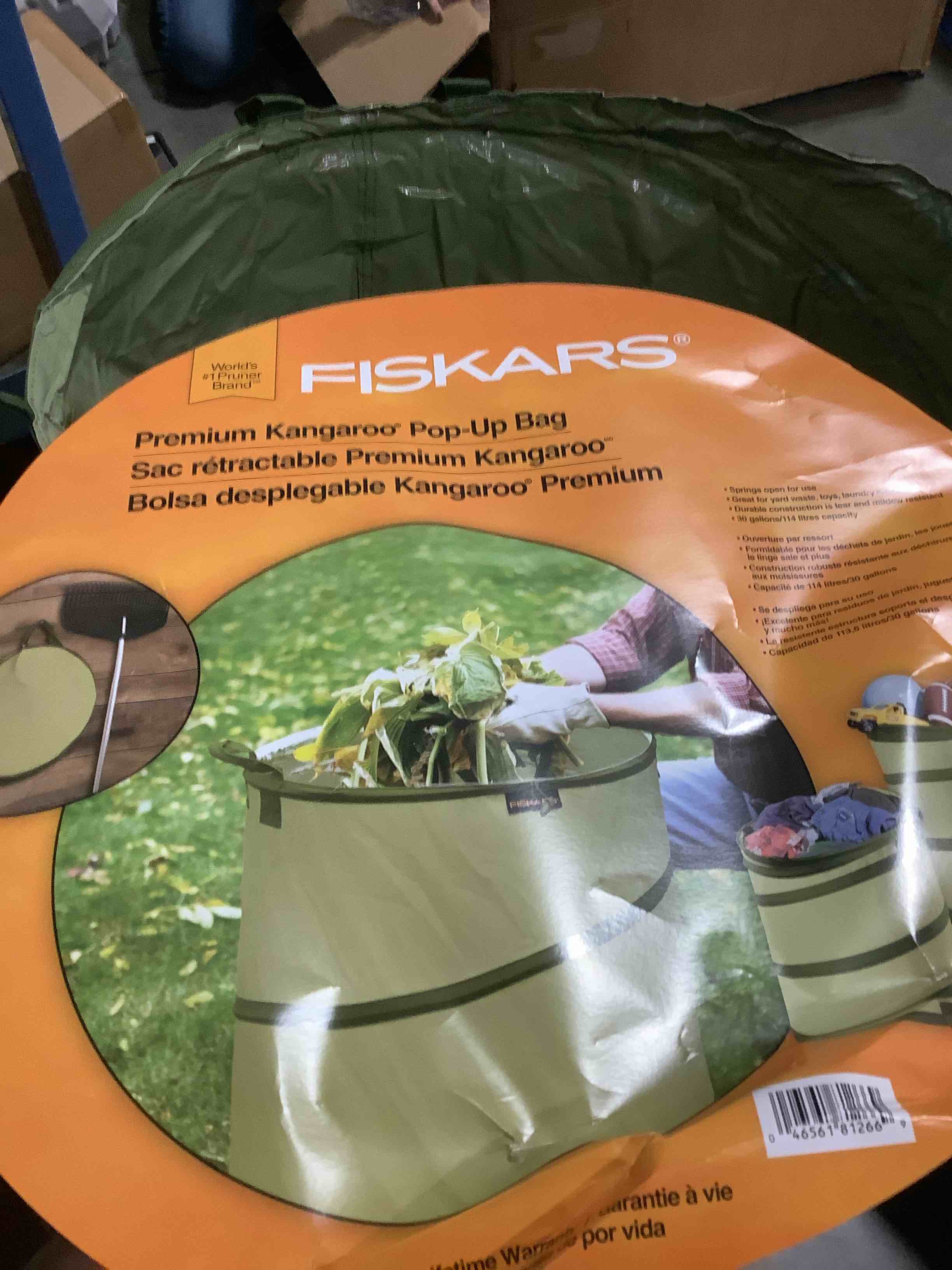 Condition photo showing As Is for fiskars kangaroo collapsible spring up garden bag for yard waste, grass, branches & weeds, tear & mildew resistant vinyl-coated polyester, folds flat to 3 inches for space-saving storage, 30 gallon 1 count (pack of 1)