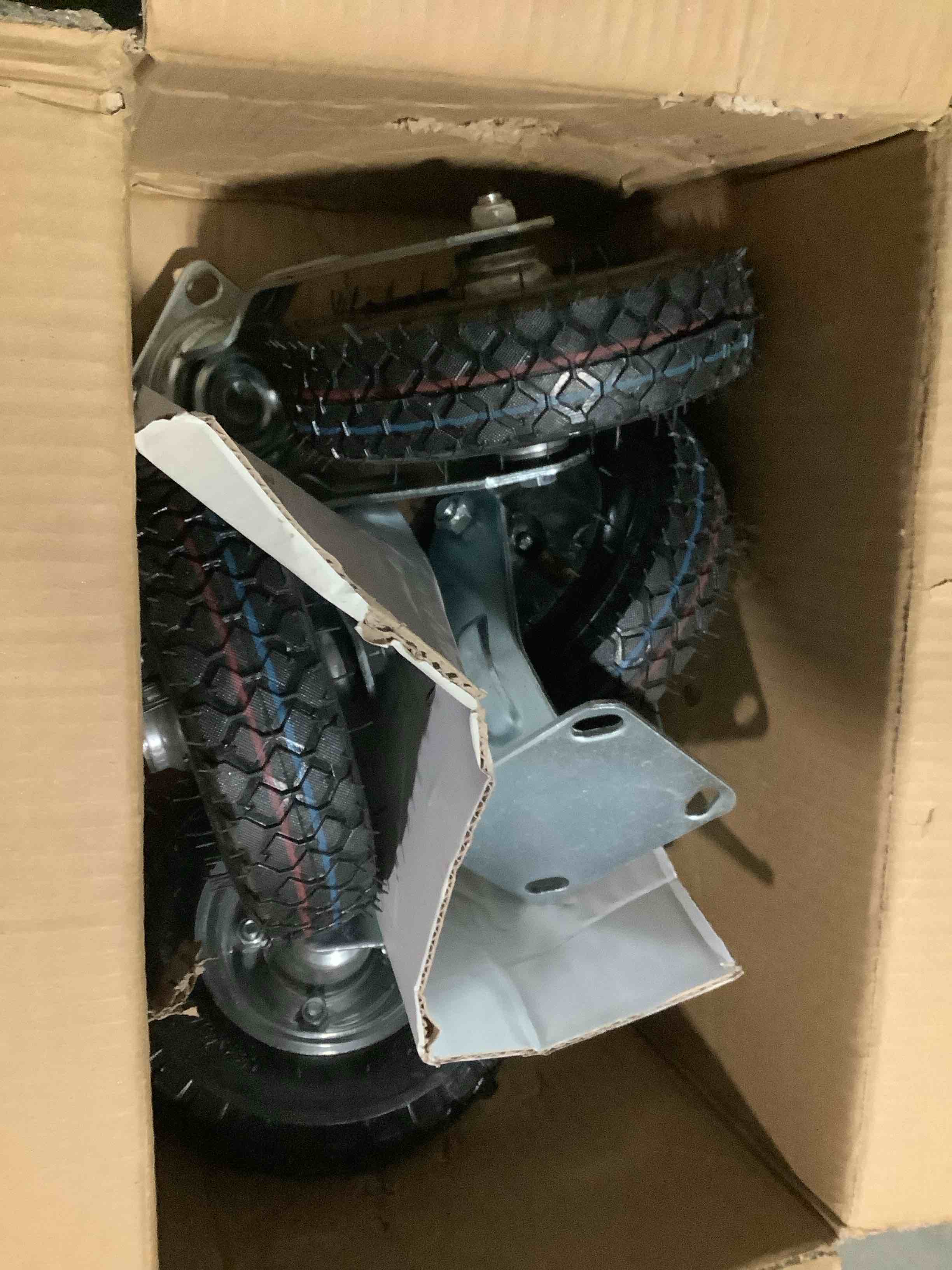 Condition photo showing Good Condition for 8 inch pneumatic caster wheels set of 4 (2 swivel/2 rigid),heavy duty casters,tolerable 880 lbs,rubber knobby tread for workbench, cart, trolley,wagon and shelves