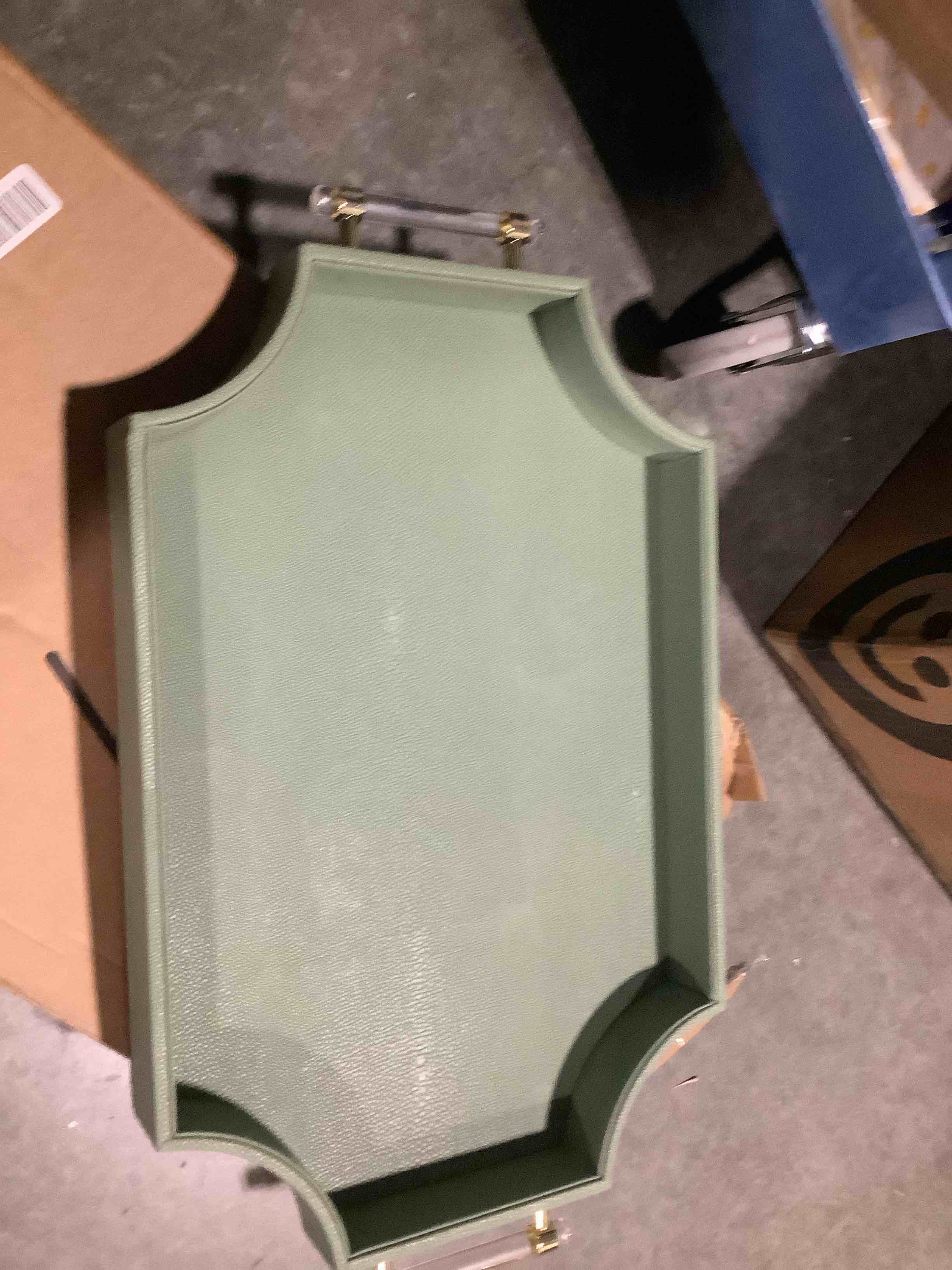Condition photo showing New/Like New for 22.6'' × 13'' coffee table tray shagreen decorative tray for ottoman home decor serving tray with acrylic gold handles modern elegant scalloped large ottoman tray green 22.6" x 13" x 2"