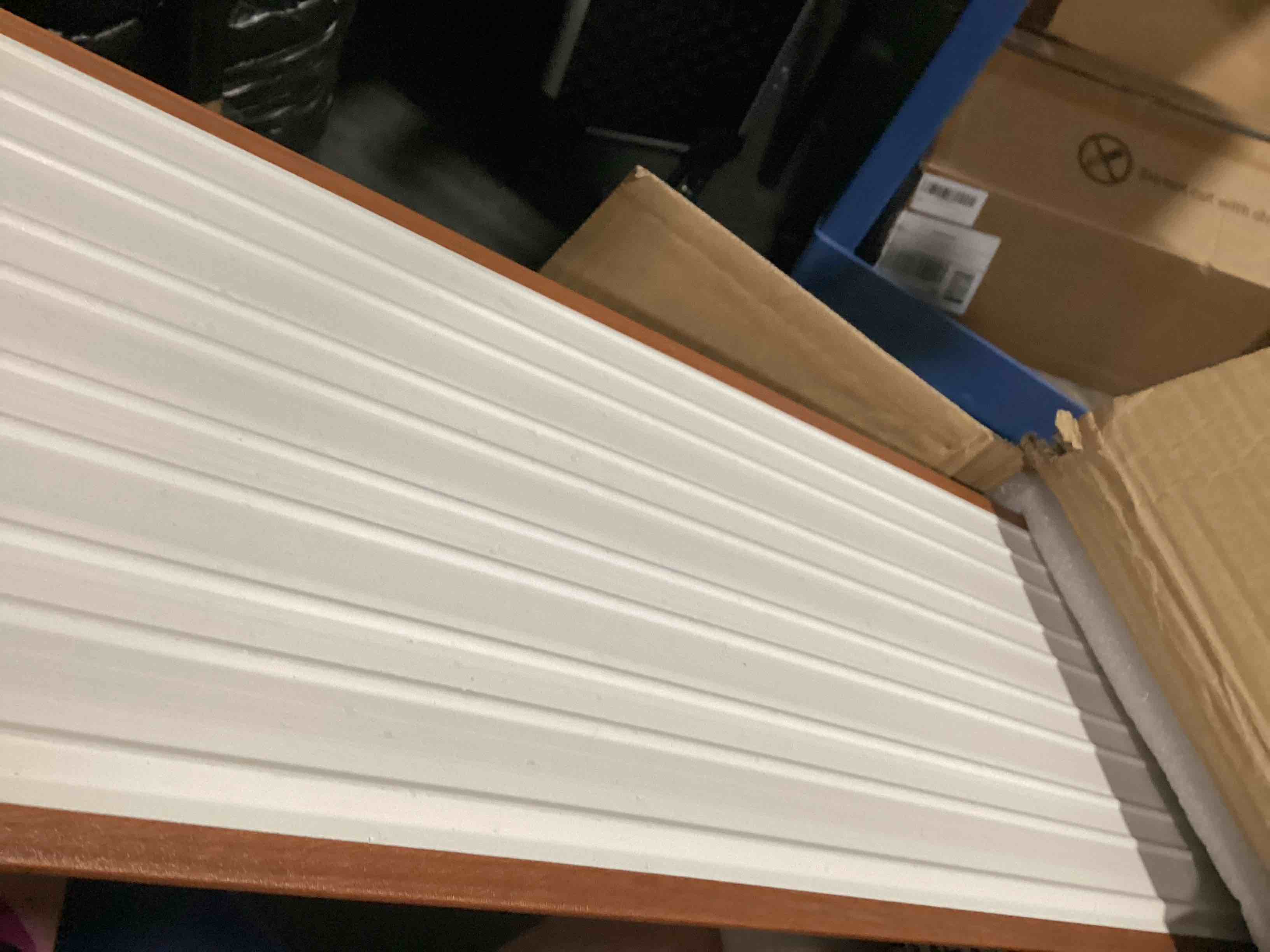 Condition photo showing New/Like New for art3d wpc wainscoting panels, 16-pack 48 x 6 inch 3d wall accents for interior wall decor, living room, bedroom, teak 48" * 6" teak 16