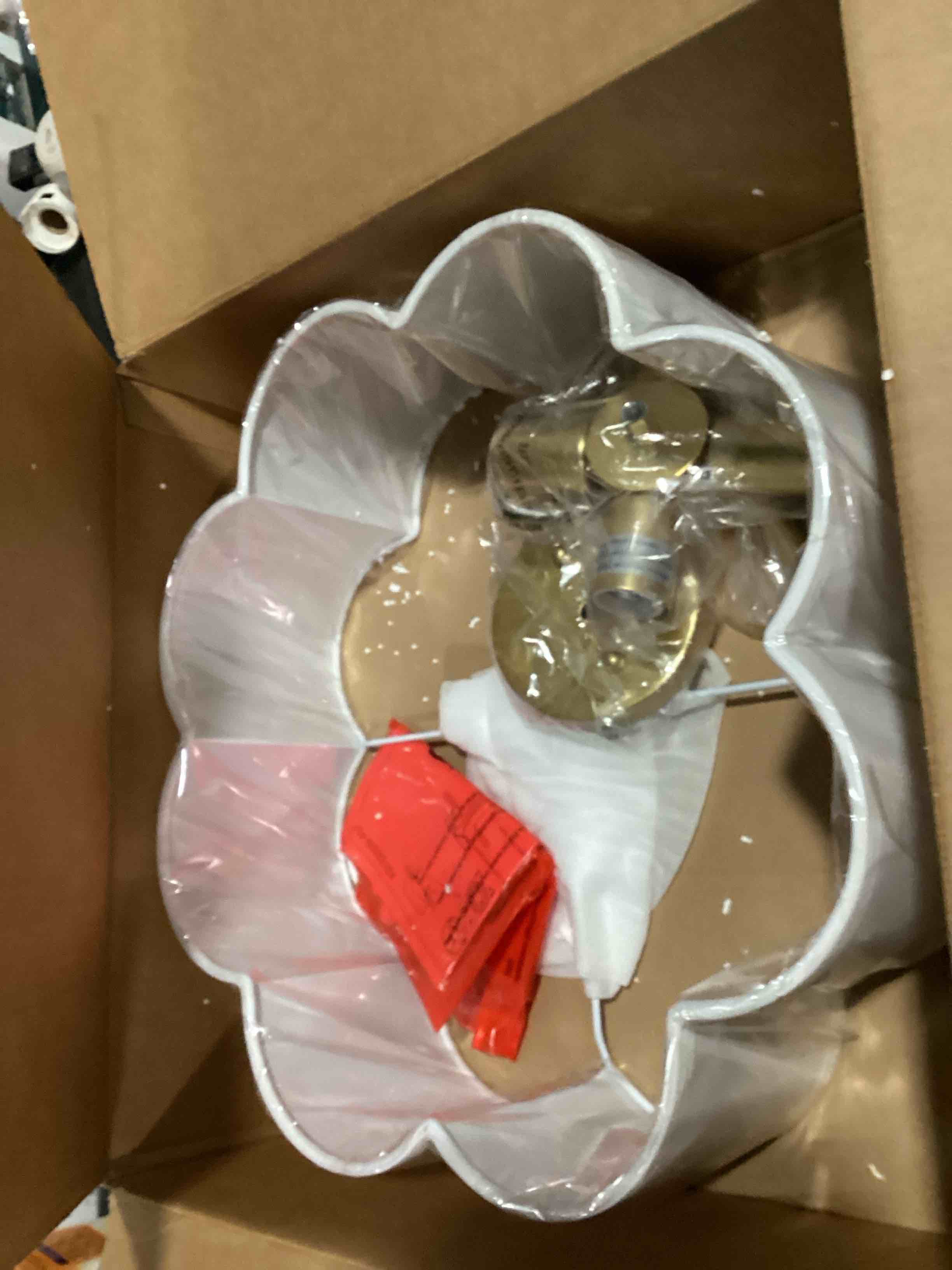 Condition photo showing Good Condition for gold semi flush mount ceiling lights, 4-light 18" ceiling light fixtures with fabric shade in flower shape, farmhouse brass drum lighting for nursery bedroom kitchen, ad-22009-4sf-gd gold, flower shade 18", single shade