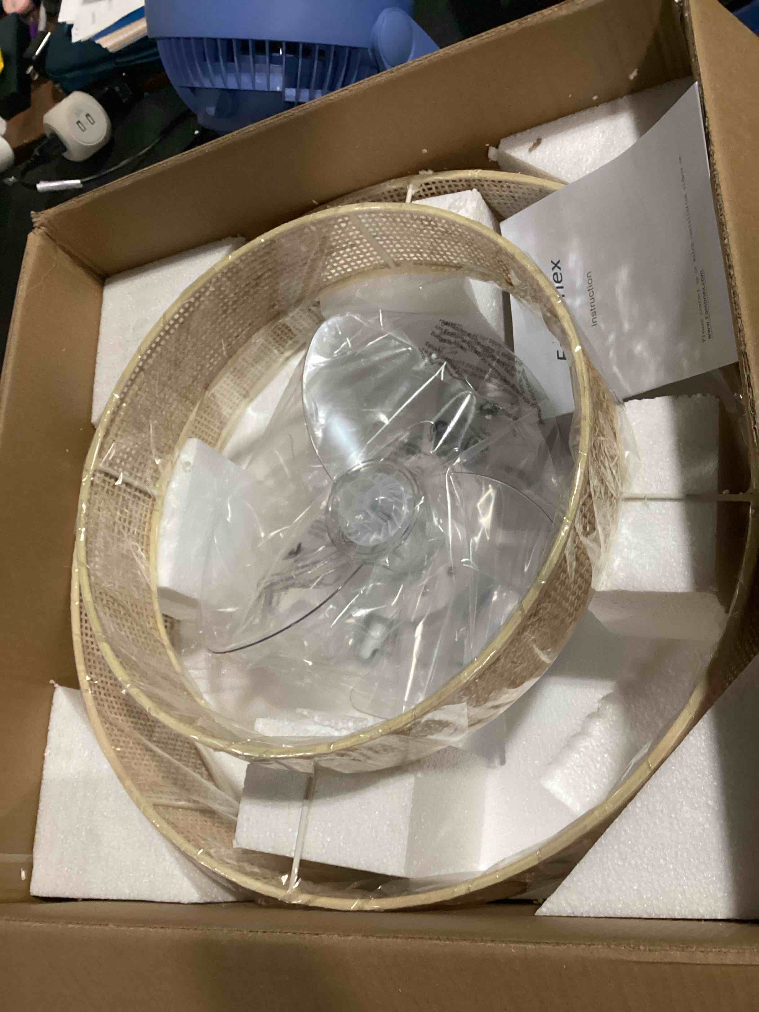 Condition photo showing Good Condition for eamonex 20 inches flush mount bamboo wicker boho ceiling fan with light,bladeless enclosed low profile fandelier for indoor bedroom kitchen white