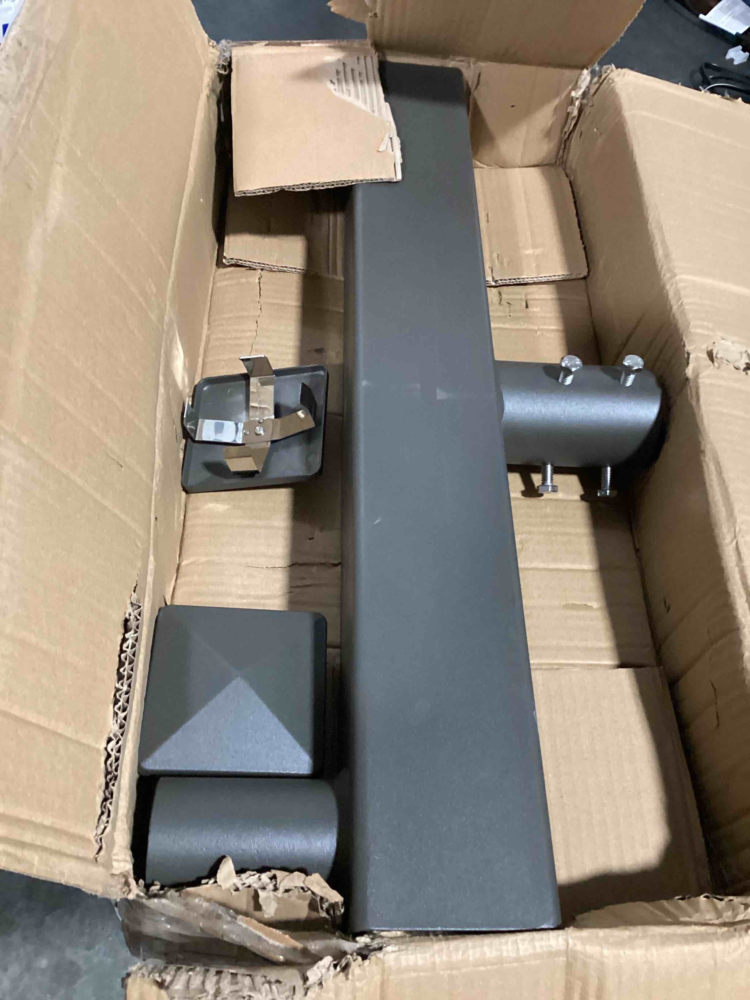 Condition photo showing Good Condition for square beam double bullhorn bracket for 2 lights 180 degree mounting bracket with 2-3/8" slip fitter post light accessories for led parking lot street light square double bullhorn bracket